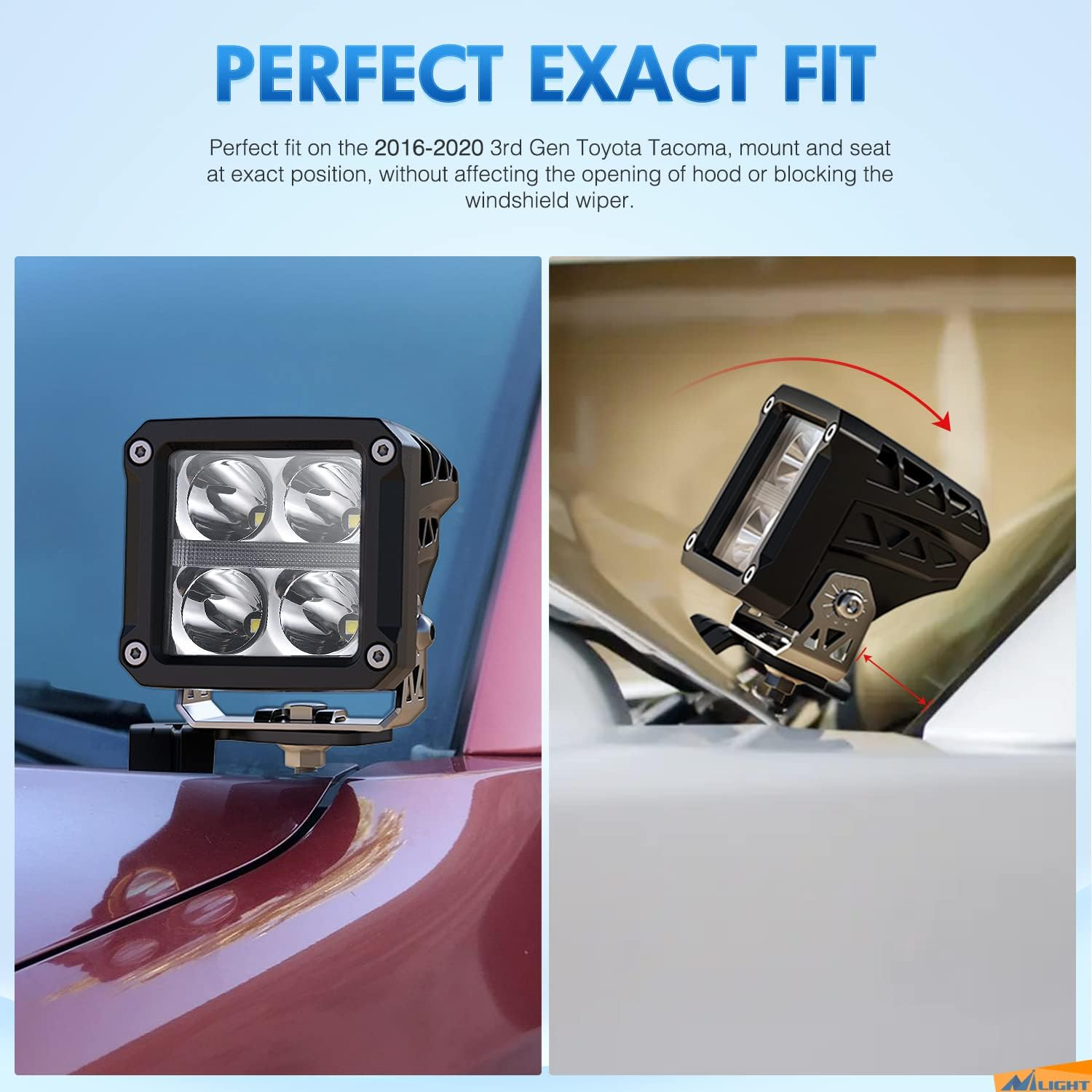 Nilight Ditch Light Brackets Hood Mount Brackets for Auxiliary Offroad LED Pod Light Work Light on 3Rd Gen Toyota Tacoma 2016-2020 image number 4