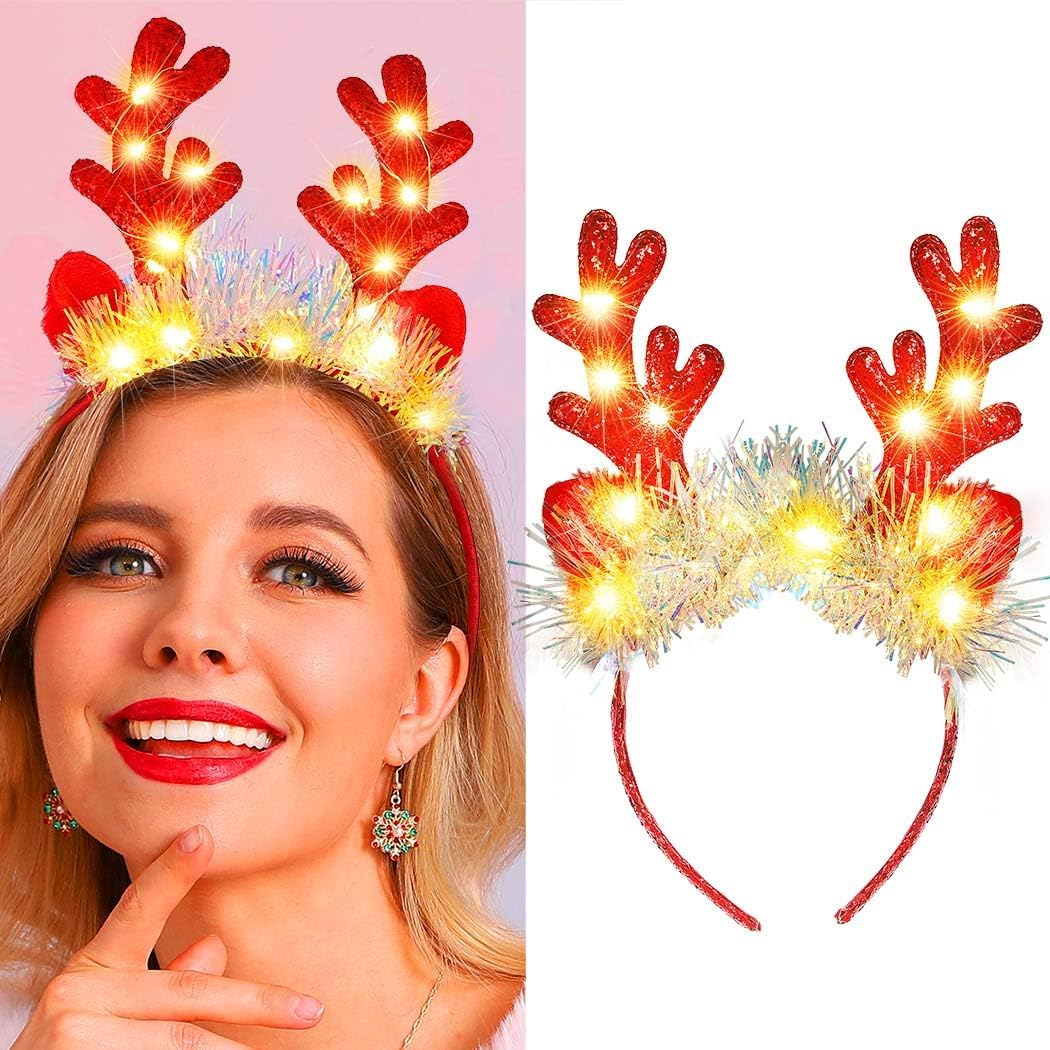 Fashband Christimas Headbands Deer Ears Headband Glitter Headpiece Hair Hoops for Adults Kids Christmas Party(Red)