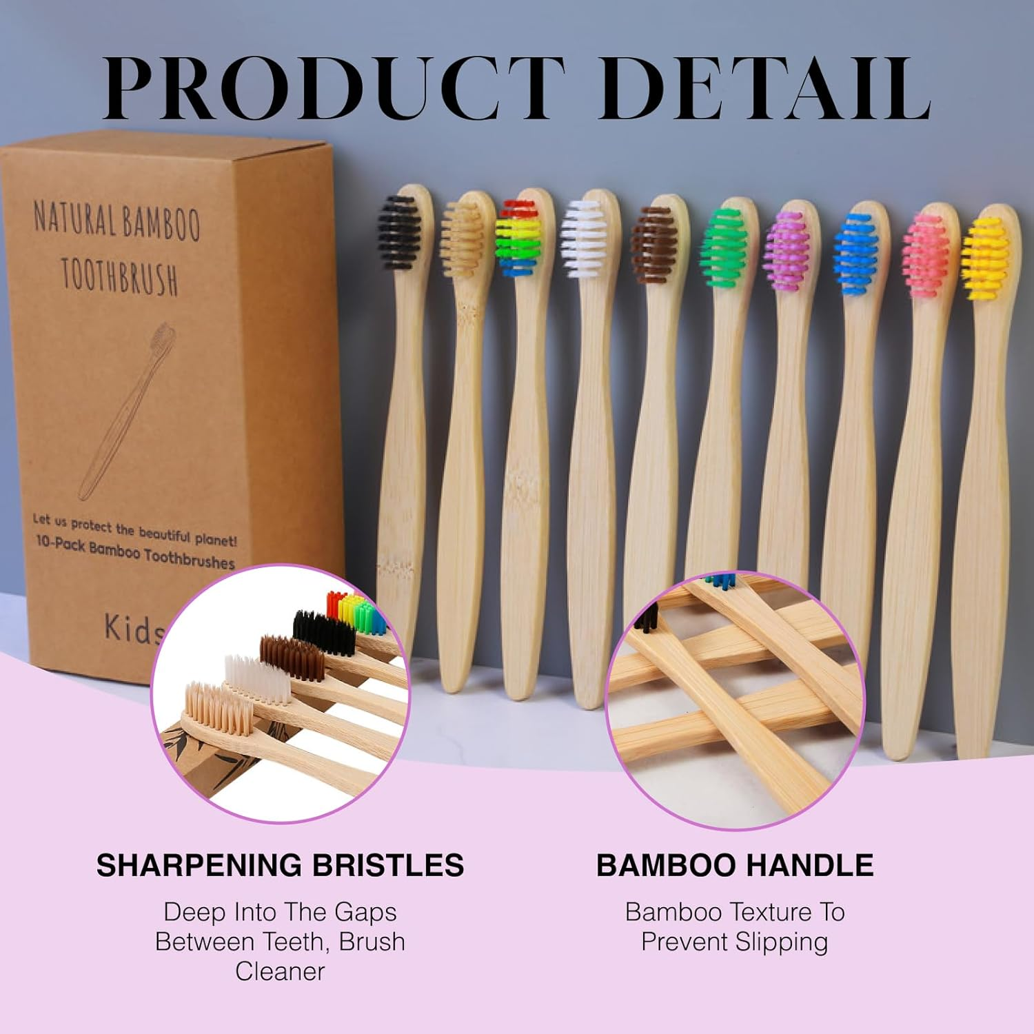 10 Pcs Soft Bristles Bamboo Toothbrush Set, Biodegradable Natural Charcoal Toothbrushes with Eco-Friendly Color Bristles, Perfect for Kids and Sensitive Teeth, Sustainable Oral Care Solution image number 5