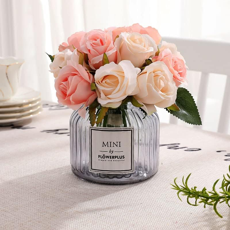 12 Heads Silk Rose Artificial Flowers Fake Bouquet Buch Home Wedding Party Decor, Real-Touch Fabric and Plastic, 25Cm Length