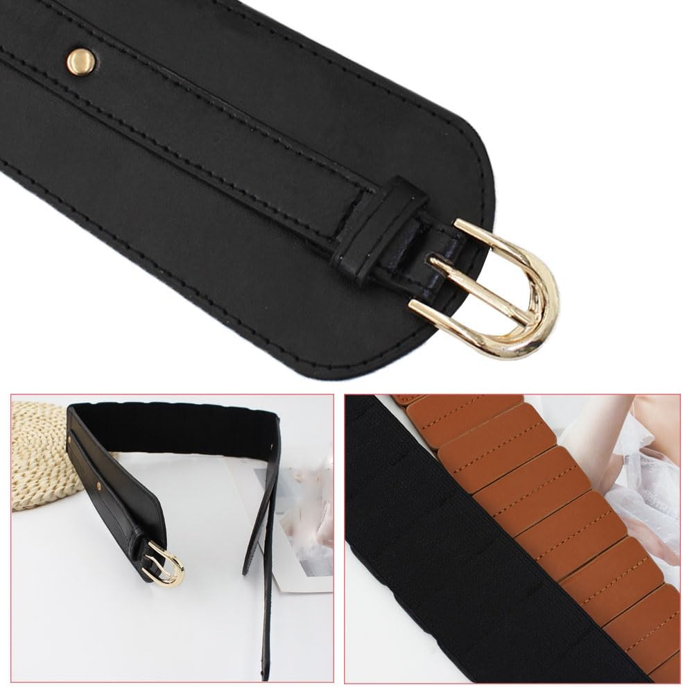 Naisfei Leather Wide Stretch Elastic Buckle Cinch Waist Wide Belt, Vintage Waist Belts for Ladies Girls, Buckle Length Adjustable Casual Ladies Belts, Fashion Accessory for Dresses & Coats(Black) image number 1