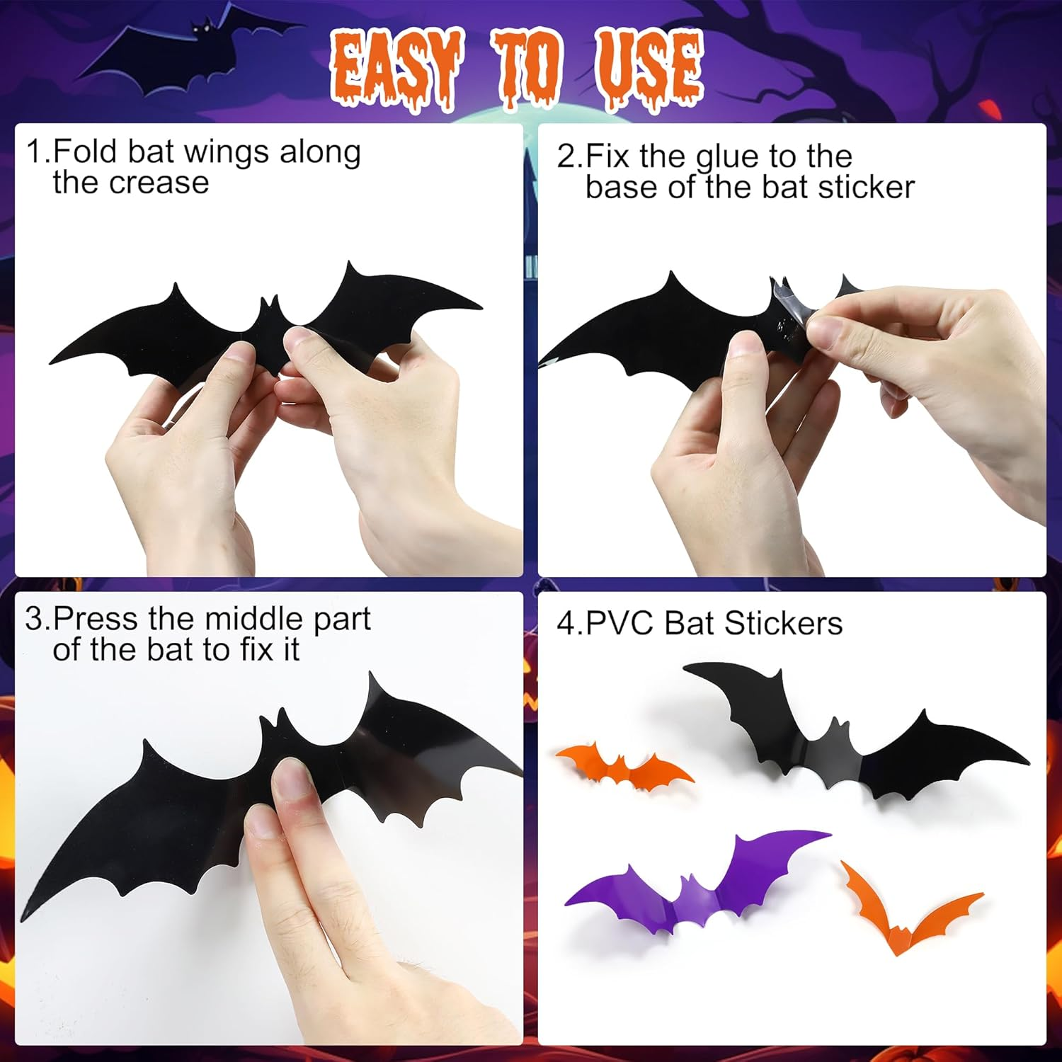 108 PCS 3D Halloween Bats Wall Decor, Realistic PVC Bats Halloween Decoration,Scary Plastic Bat Wall Stickers for Indoor Outdoor Decor (Black Purple Orange) image number 6