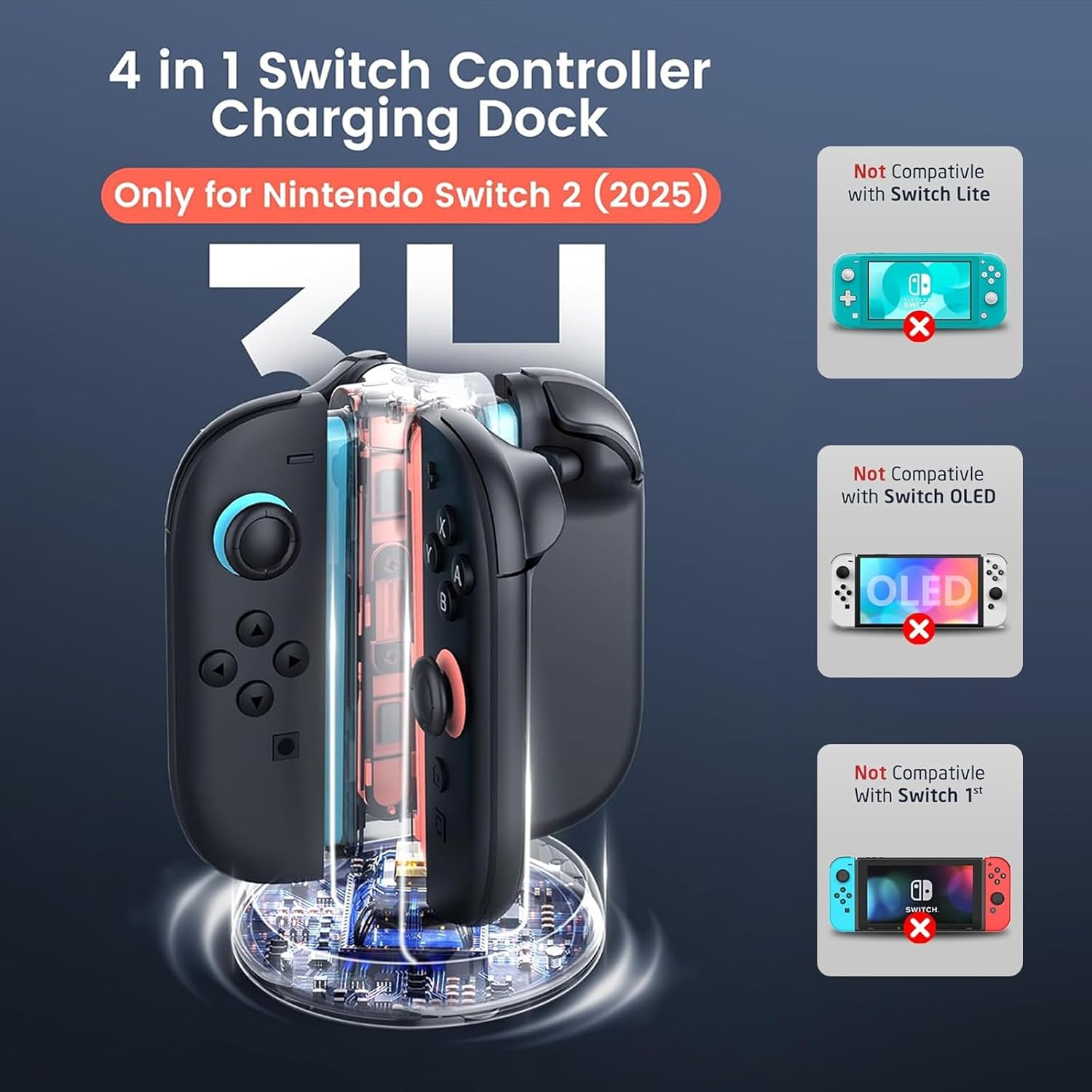 UOEPOWA Upgraded Charging Dock for 2025 Nintendo Switch 2 Joycon, 9 Light Modes, 4-In-1 Magnetic Fast NS2 Controller Charger Station for Nintendo Switch 2 Joy-Con Charger Organized Accessories (NS2) image number 3