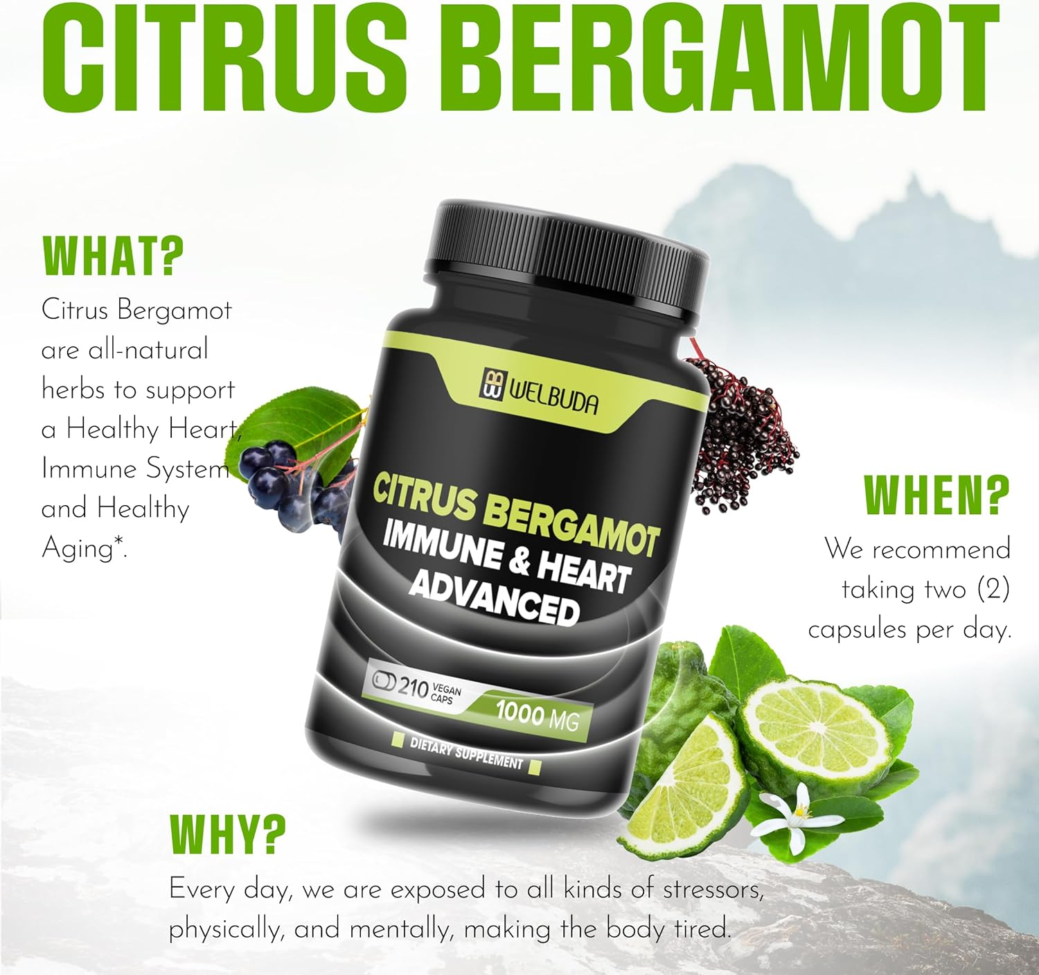 Citrus Bergamot Capsules with Advanced Immune Blend Elderberry, Echinacea, Garlic Bulb, Olive Leaf, Astragalus & Heart Blend Black Chokeberry, Olive Leaf, Hawthorn, Garlic and Hibiscus - 210 Pills image number 3
