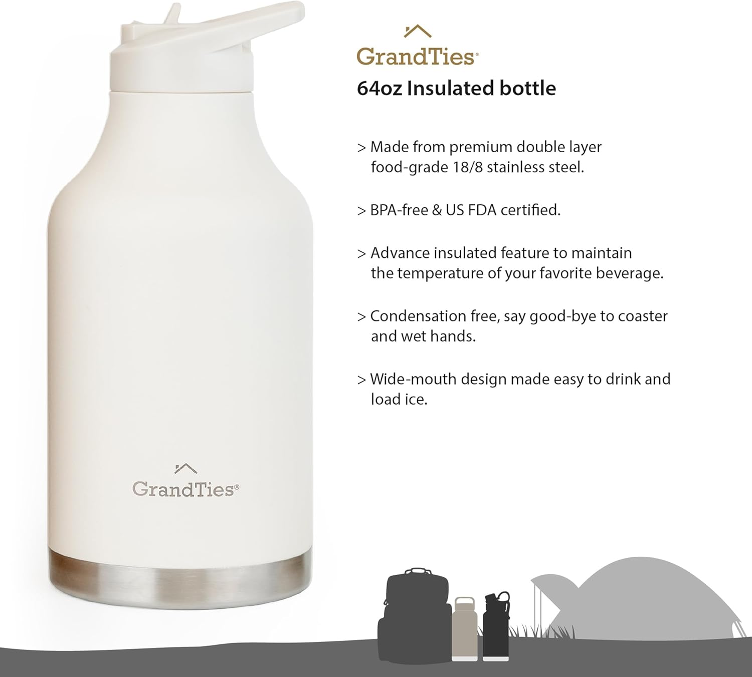 32Oz/946Ml Wide Mouth Insulated Bottle with Two Sport Lids Jumbo (Ivory White, 64Oz / 1.89L) image number 5