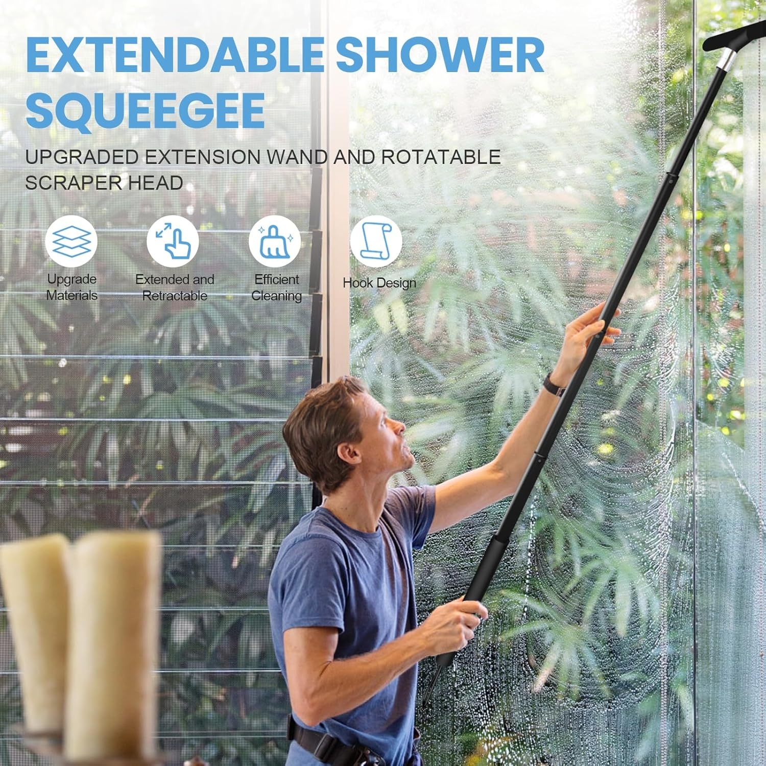 Shower Squeegee Long Handle, Window Wiper and Window Squeegee 2 in 1, Squeegee Shower Floor, 120 Cm Telescopic Rod, Water Pusher, Floor Squeegee, Window Cleaning Set, Glass Wiper for Shower (Black) image number 5