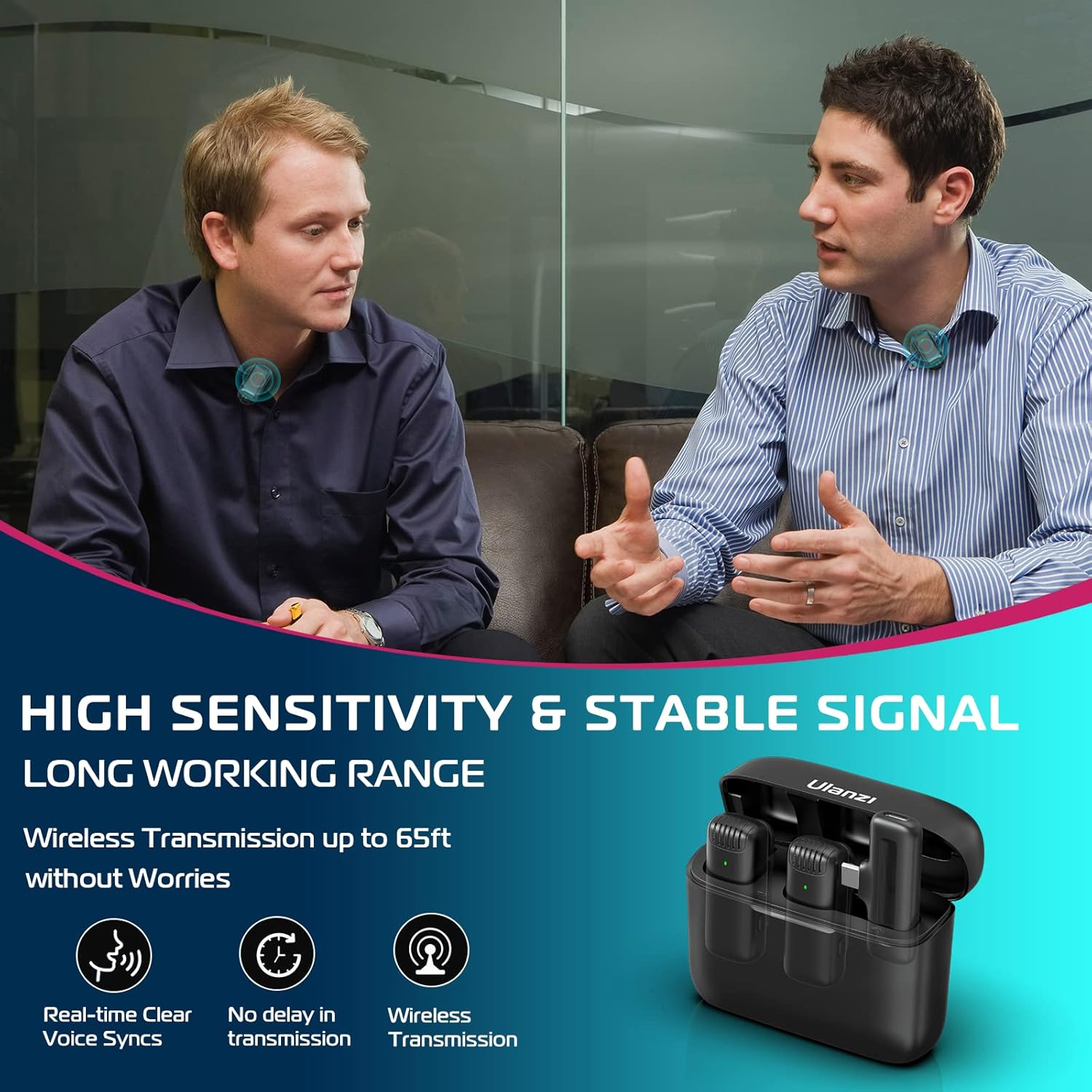 ULANZI J12 Wireless Lavalier Microphone for Typec Phone Iphone15 Iphone16, 2-In-1 Plug-Play Mic with Charging Case for Phone Video Recording Interview Youtubers Vloggers, 65Ft Transmission Range image number 1