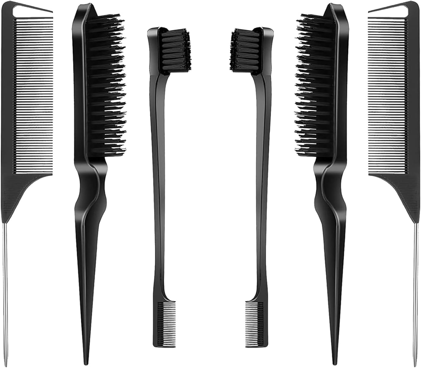 Slick Back Hair Brush Edge Brush, 6Pcs Teasing Comb Bristle Brushes, Bristle Hair Brush Edge Control Brush Teasing Comb,Hair Styling Comb Bristle Teasing Brush, Rat Tail Comb Dual Edge Brush,Black image number 4