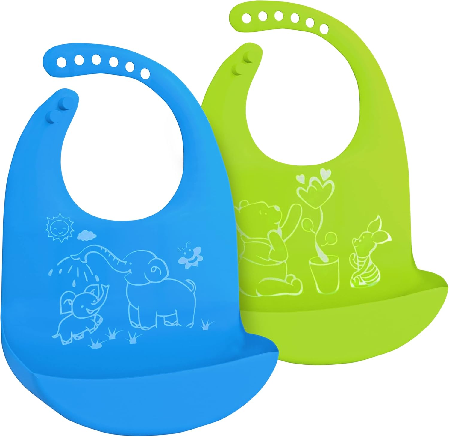 Waterproof Silicone Baby Bibs (Set of 2) with Food Catcher Pocket &ndash; BPA Free, Food Grade Feeding & Weaning Bib for Toddlers, Boys & Girls - Adjustable, Roll up Design Green & Blue image number 3