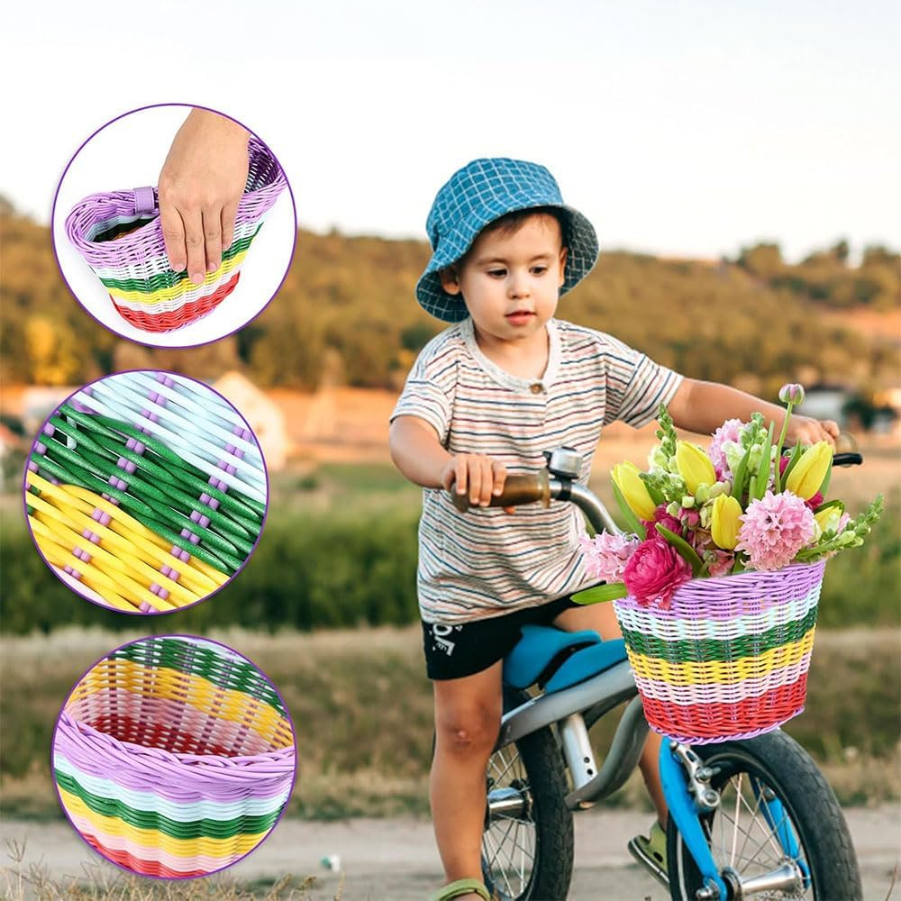 2-Piece Kids Bicycle Basket &ndash; Hand-Woven Rainbow Color Bike Baskets for Toddlers, Waterproof Tricycle and Scooter Basket with Adjustable Strap for Boys and Girls image number 4