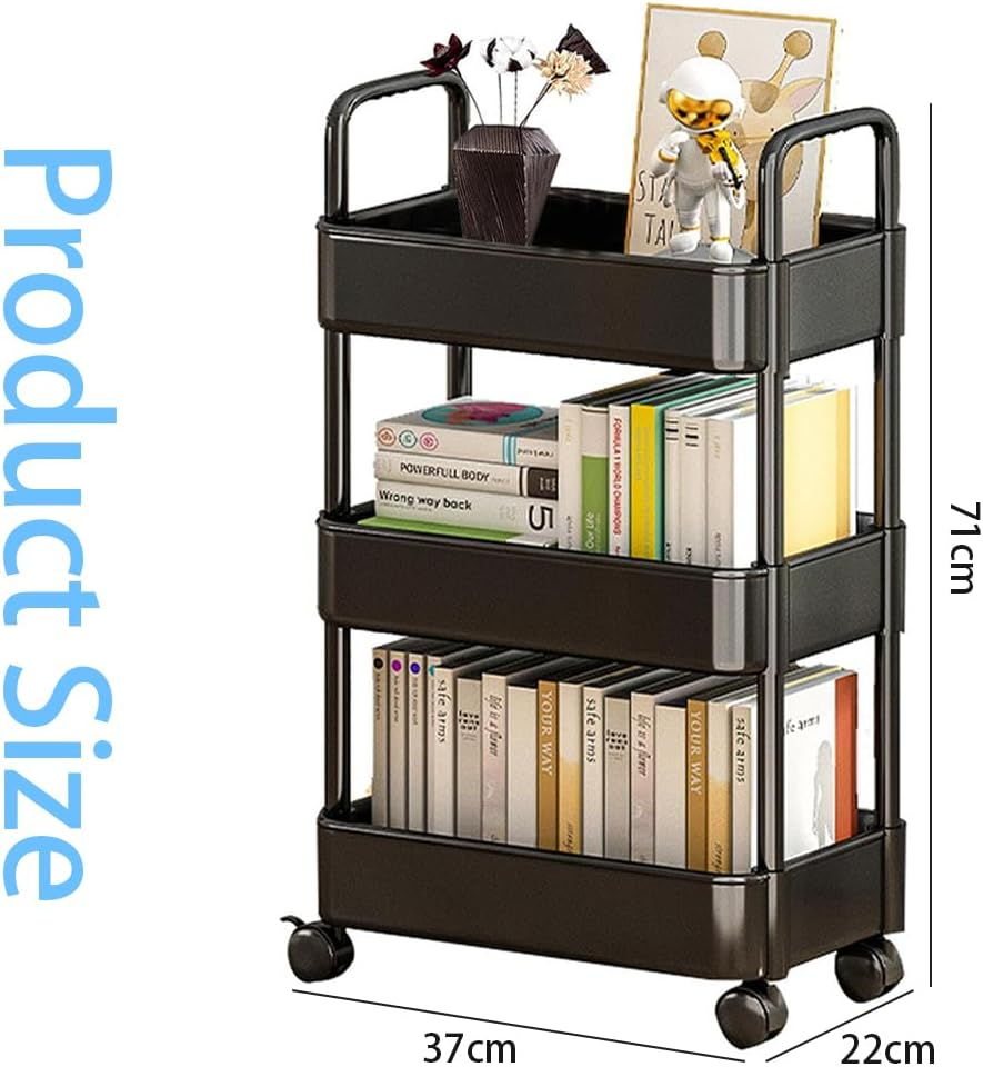 Storage Rolling Cart, 3-Tier Snack Organiser Trolley, Rolling Shelf with Wheels & Hooks,Movable Storage Organizer for Home Kitchen Organization (Black image number 4