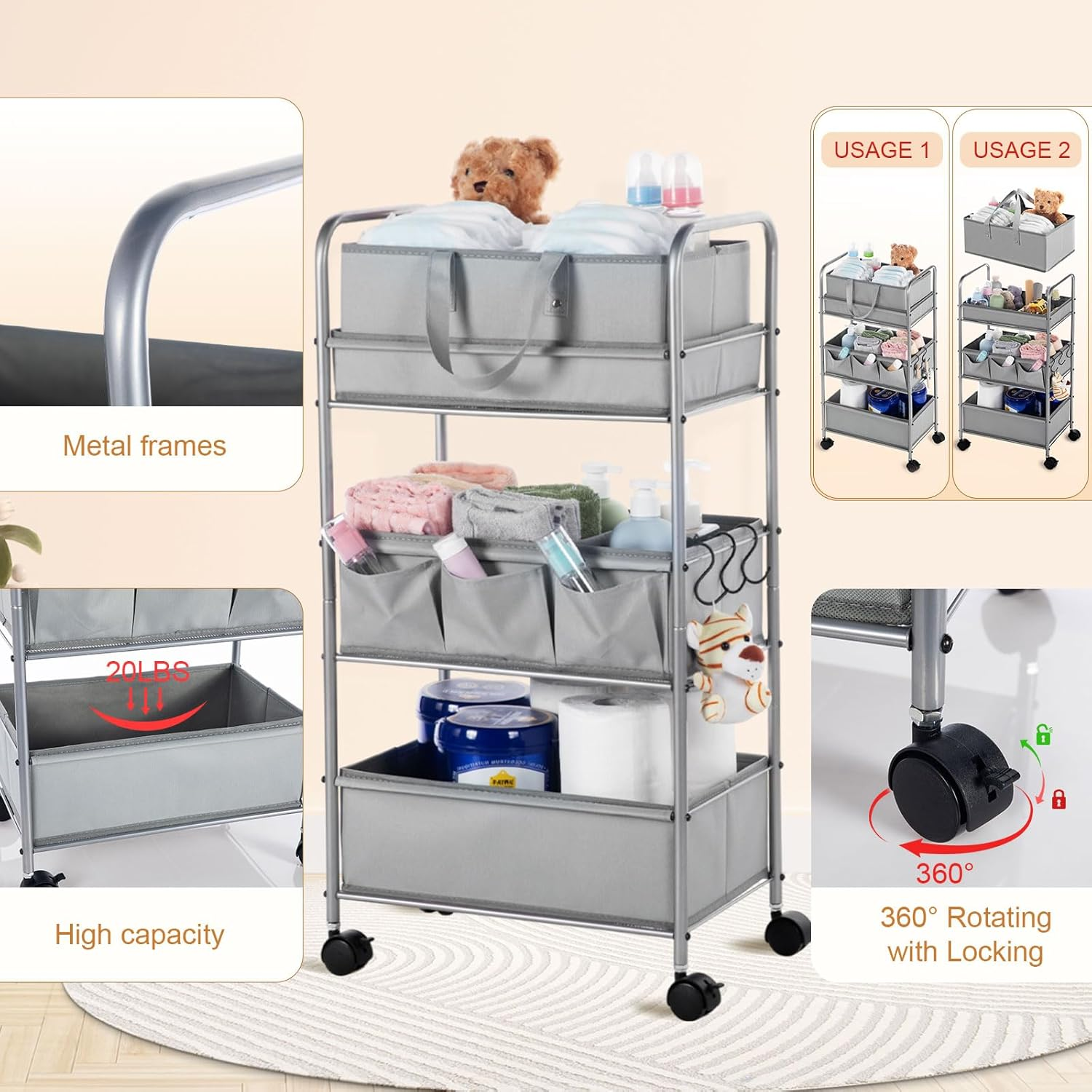 Honeydak 2In1 Baby Diaper Caddy Organizer Cart 3 Tier Large Capacity Metal Utility Bedside Rolling Cart with Divider for Newborn Nursery Essential Must Have for Crib Bedroom Baby Shower(Gray) image number 1