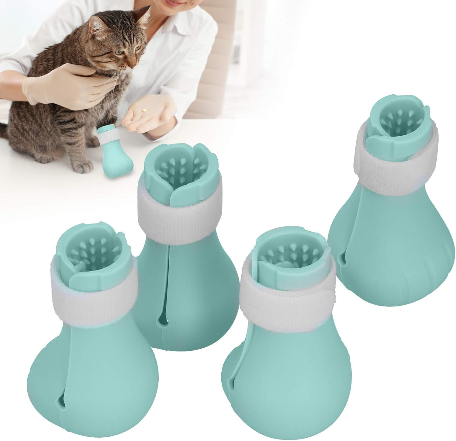 Silicone Cat Shoes, Silicone Cat Shoes, 7 X 4 Cm, Tightly Adjustable, Pack of 4 Cat Scratch-Resistant Boots, Cat Shoes Boots, Anti-Scratch Boots, for Cat Bathing, Hair Cutting (Green) image number 2
