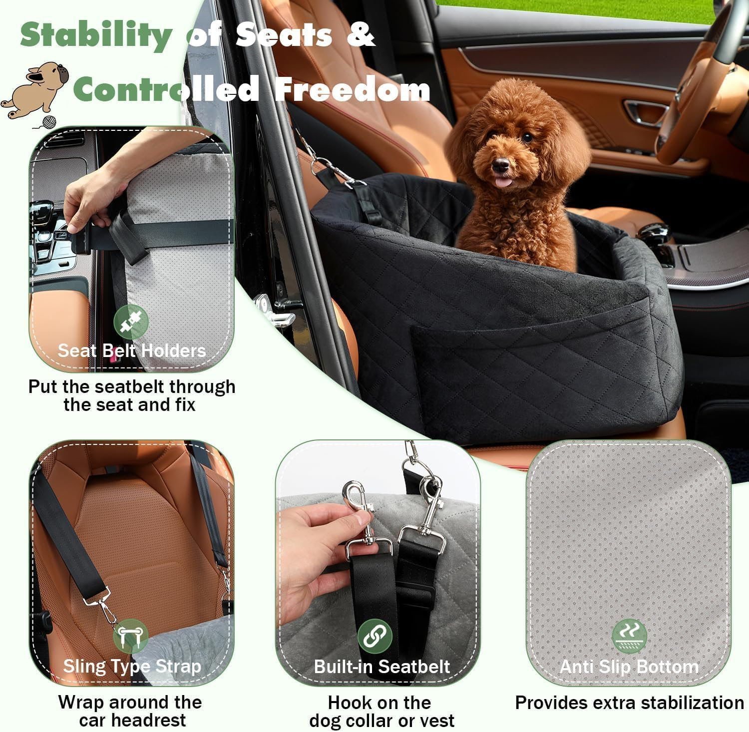 Dog Car Seat for Small and Medium Dogs,Car Seat for Dogs Removable and Washable Dog Booster Seat under 30Lbs, Pet Car Seat Travel Bed with Storage Bag and Dog Safety Belt (Black) image number 5