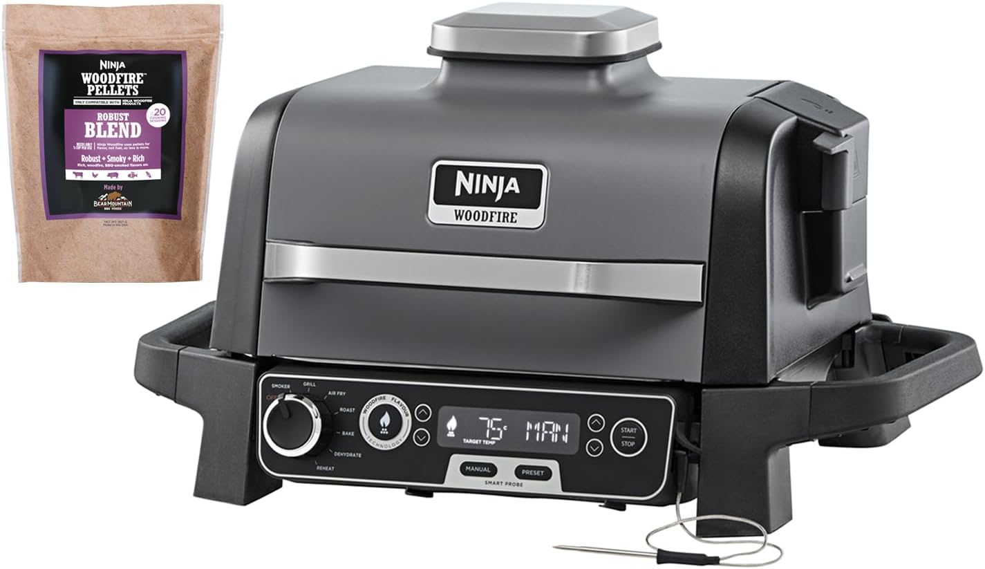 Ninja Woodfire Pro Outdoor Grill with Smart Probe, Black/Cool Grey (OG751ANZ) + Ninja Robust Blend Woodfire Pellets, 900G (4759L751ANZ)
