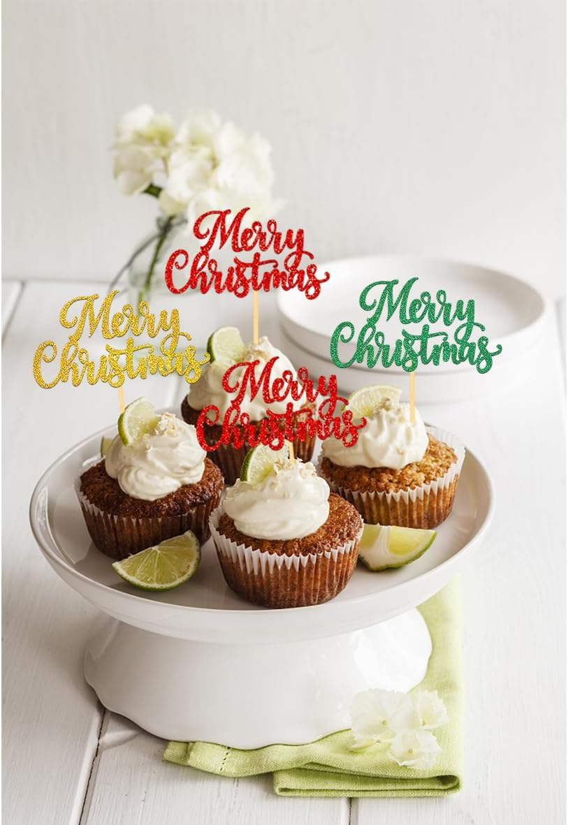 24 PCS Merry Christmas Cupcake Toppers for Christmas Decorations, Christmas Tree Cake Toppers for Christmas Party Supplies (Pattern C) image number 2