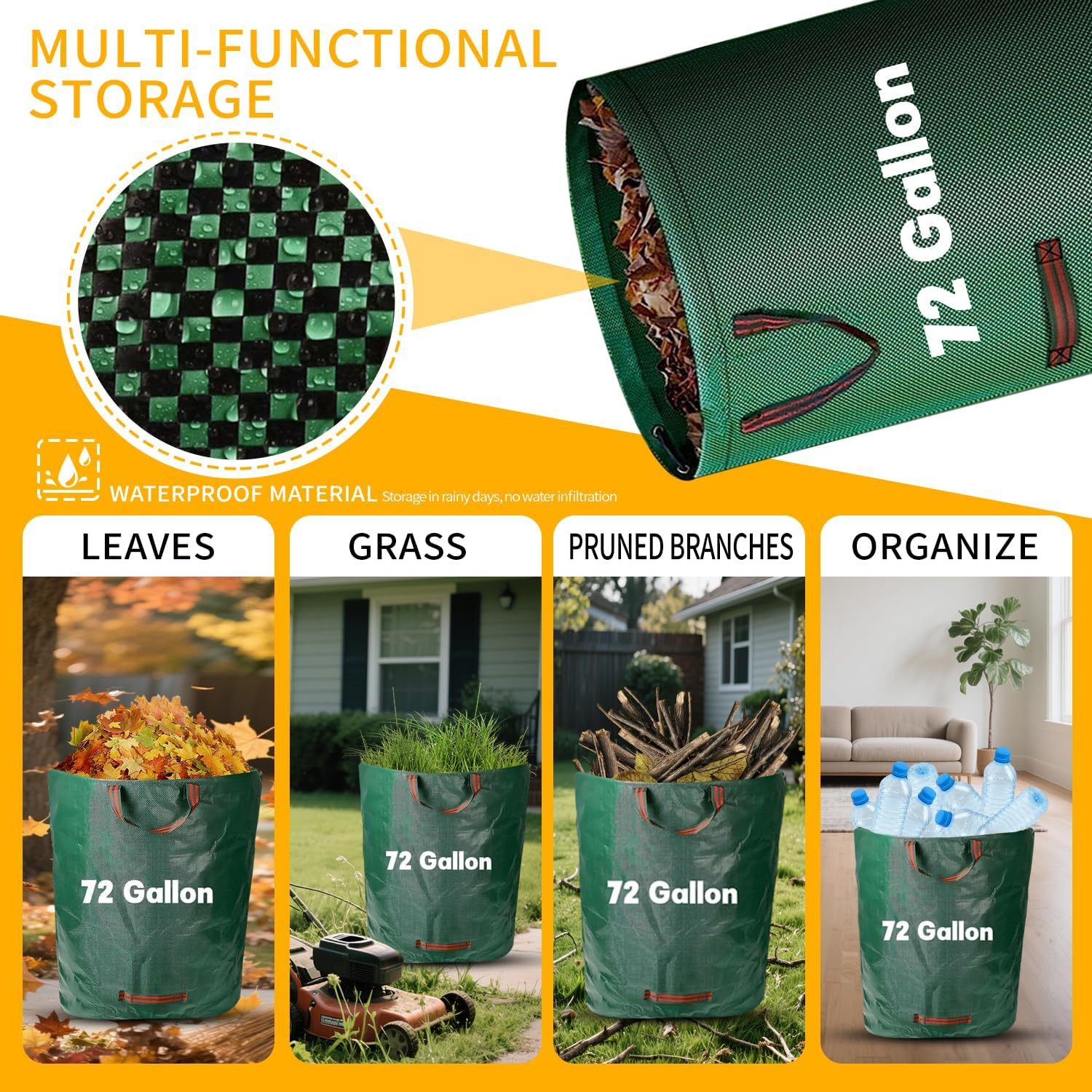 Garden Waste Bags 3 Pack (272L) &ndash; Reusable Garden Waste Bags, Heavy Duty Green Waste Bags, Garden Bag with Reinforced Handles for Leaves, Grass Clippings & Garden Rubbish, Garden Bags. image number 6