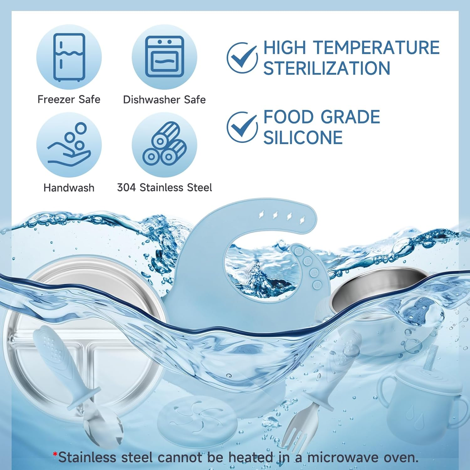 6-Piece Baby Stainless Steel Feeding Set - Bowl, Plate, Cup, Spoon, Fork & Bib | 100% Food-Grade 304 Steel with Removable Silicone Sleeves | Dishwasher-Safe Toddler Tableware (Blue) - Blue image number 2