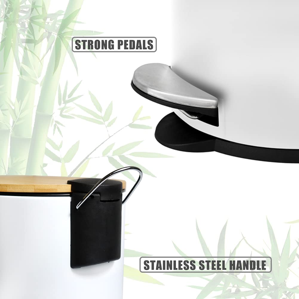 Trash Can with Bamboo Lid, 3L Pedal Bin, Mini round Trash Bin with Removable Plastic Inner Wastebasket for Bathroom, Bedroom, Powder Room, Office, Desk, Car (White) - White image number 6