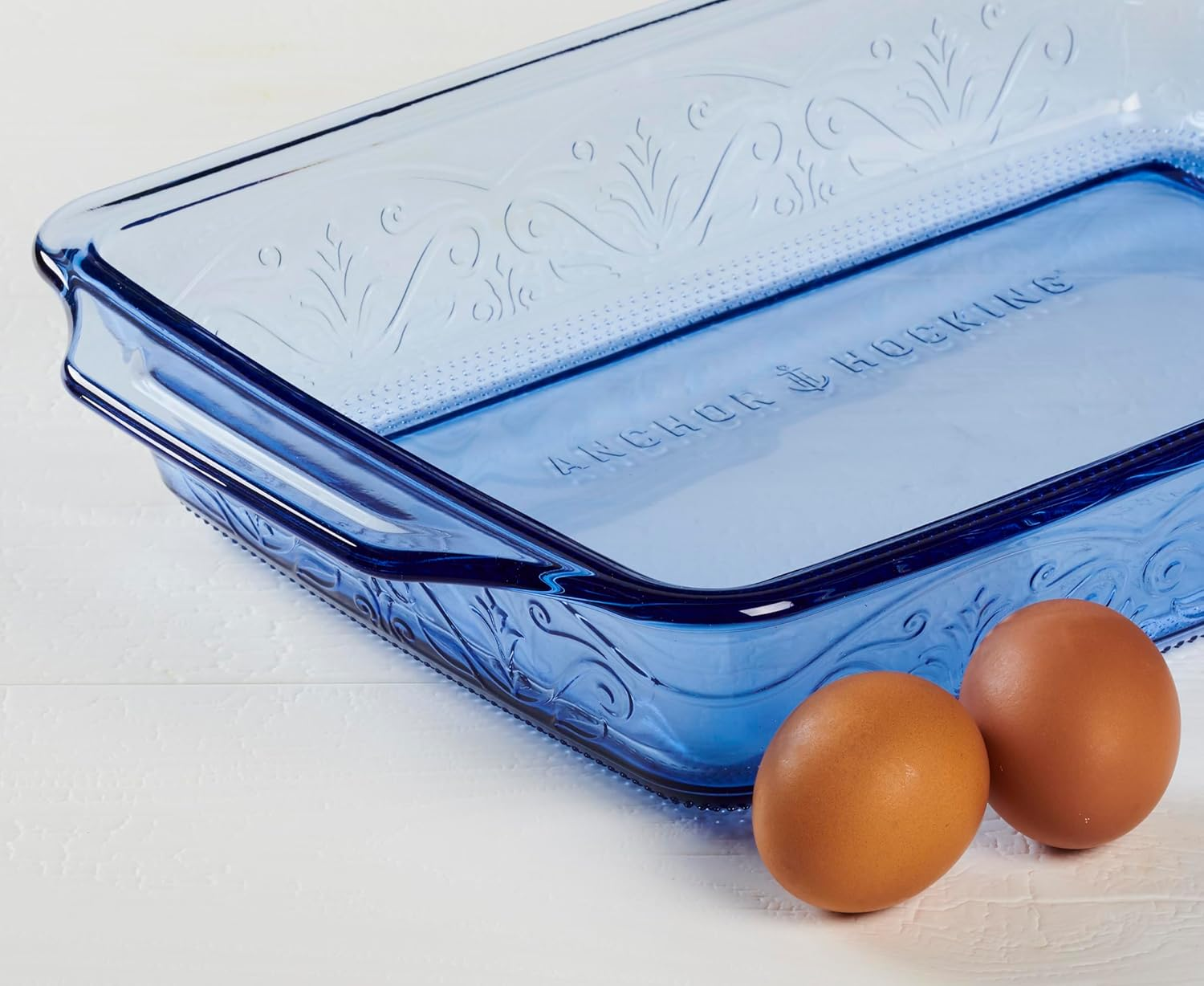 Anchor Hocking Laurel Embossed Bakeware 2-Piece Set &ndash; 3 Quart Baking Dish and 8 Inch Square Dish &ndash; Oven Safe, Microwave Safe, Dishwasher Safe Glass Bakeware, Coastal Blue