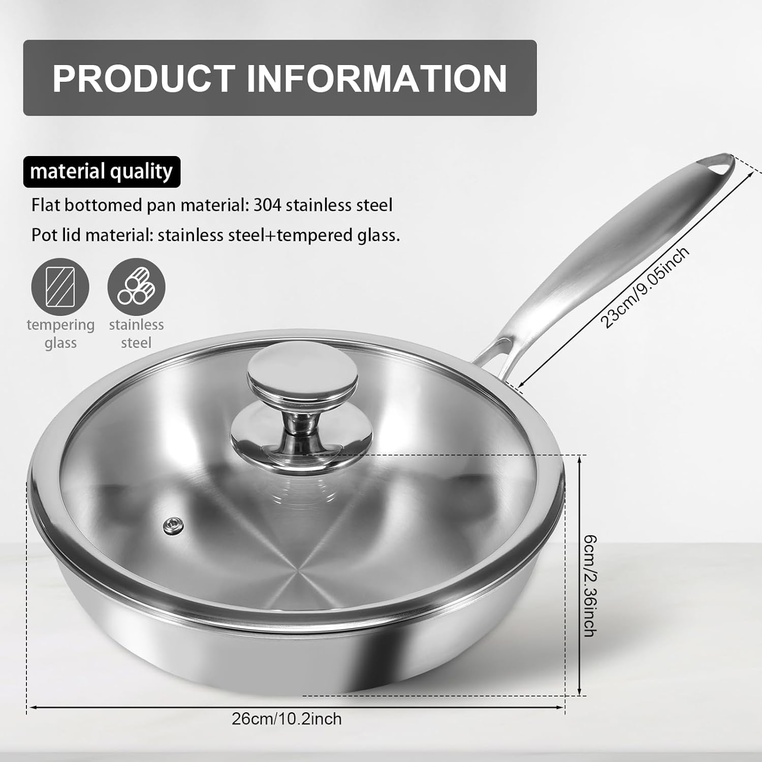 Stainless Steel Frying Pan with Lid Non Stick Open Skillet for All Stoves Induction Cooktop Compatible Camping Frying Pan 10 Inch 26Cm