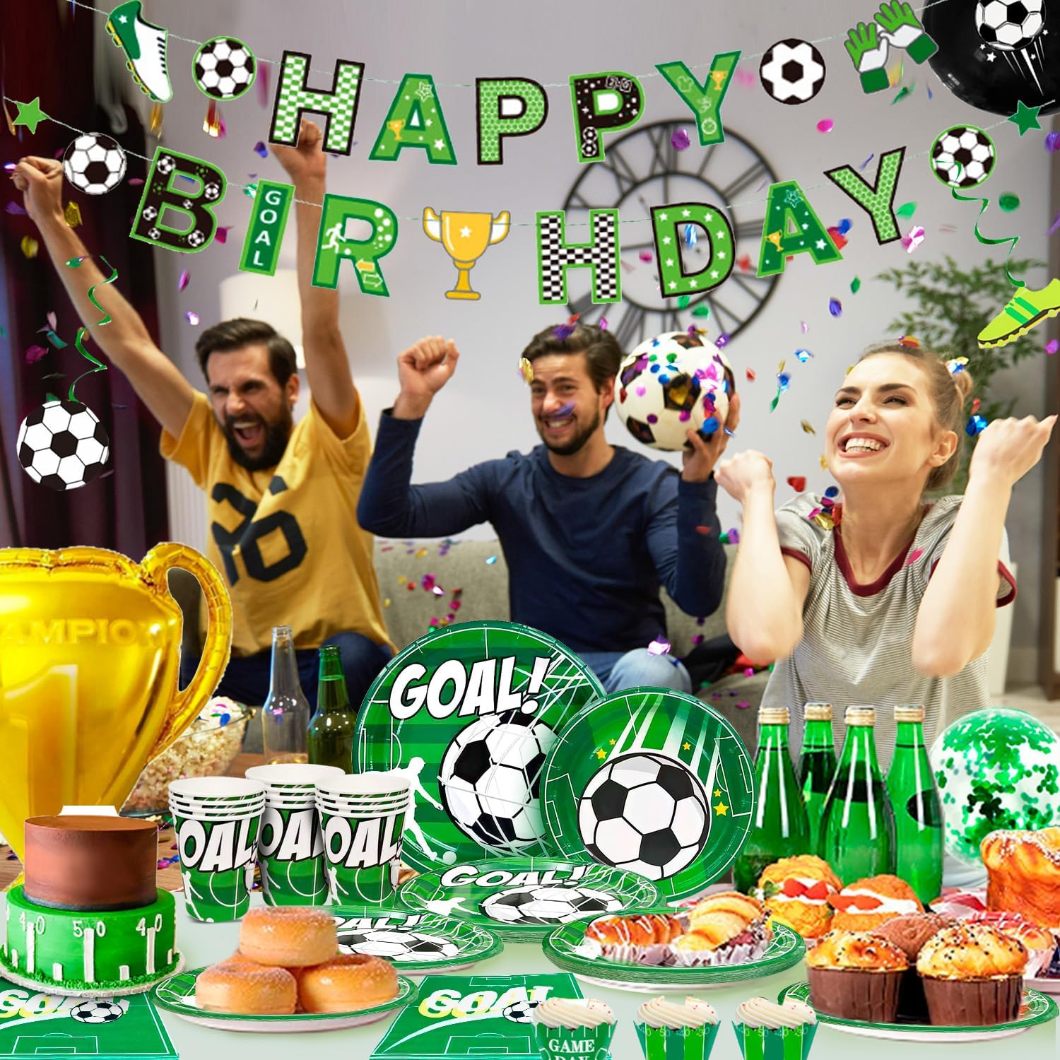 Soccer Birthday Party Supplies for 16 Guests, Soccer Party Decorations with Banner, Balloons, Tablecloth, Plates, Cups, Napkins, Whistle, Keychain, Boys Sports Theme Birthday Decor image number 4
