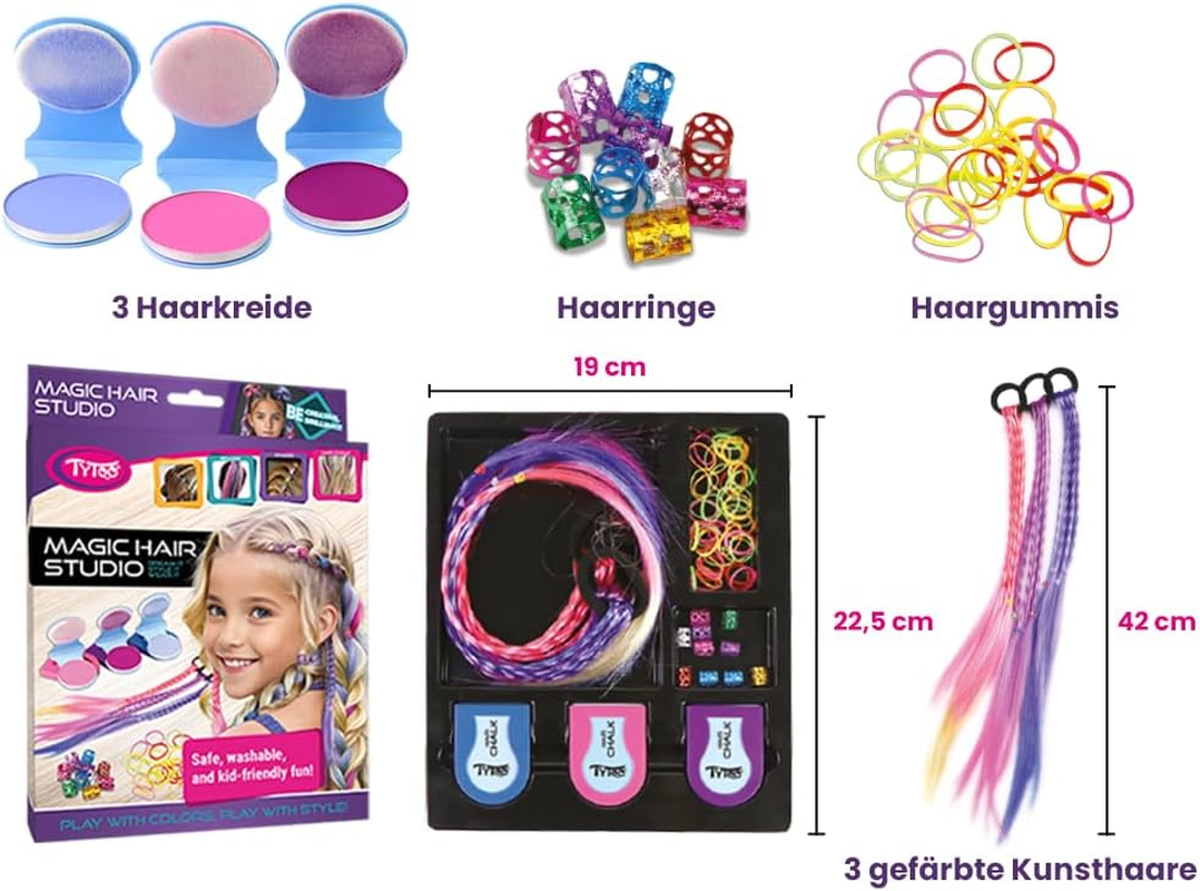 Tytoo Magic Hair Studio Hair Chalk Set for Girls with Colourful Hair Strands, Glitter Beads, Hair Bobbles Hair Clips, Complete Hair Styling Set for Children, Creative Gift for Birthday, Fancy Dress image number 2