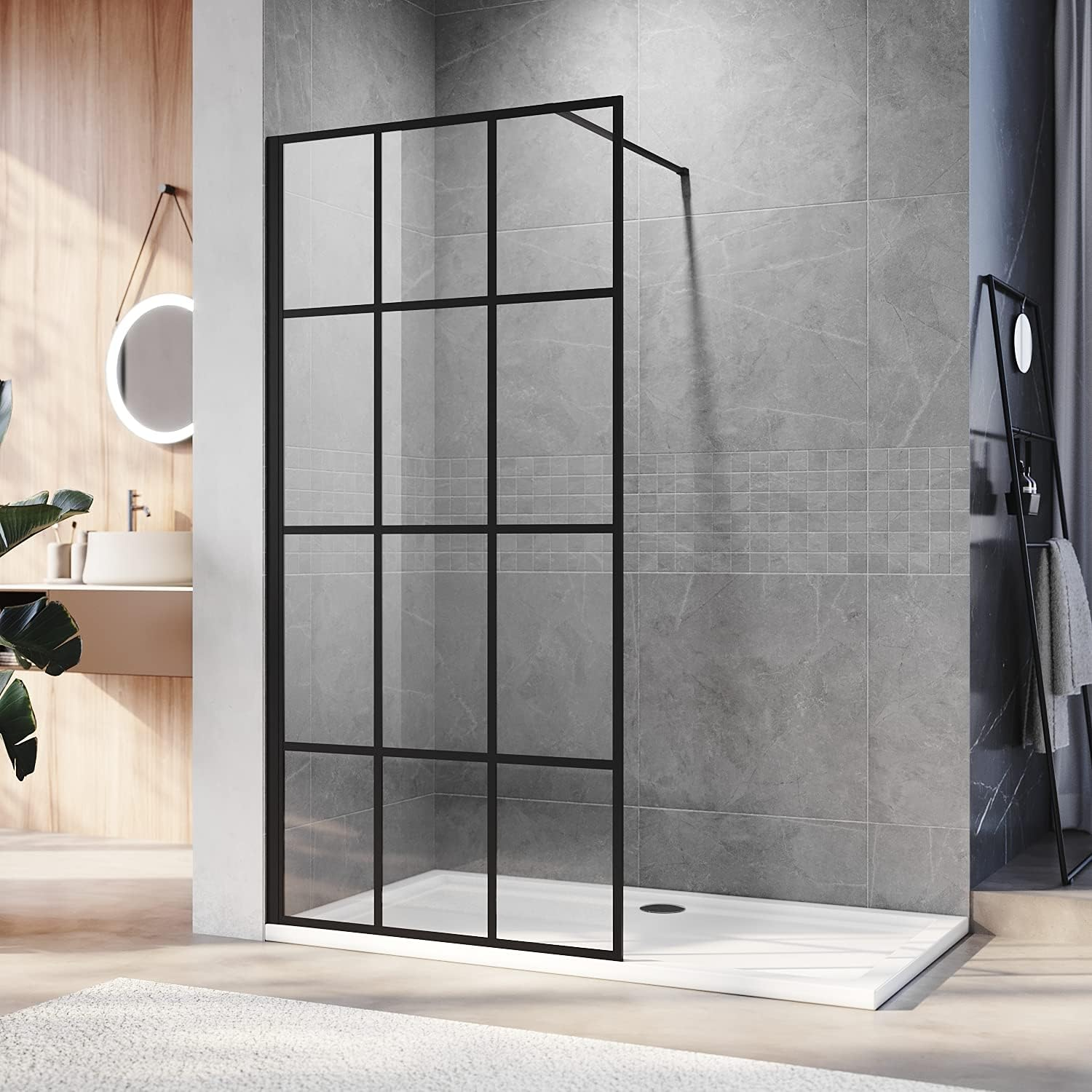 ELEGANT 1100 X 2000Mm Black Grid Painted Stain Walkin Shower Door, Shower Screen Wet Room Reversible 8Mm Safety Glass Shower Panel Frame Shower Cubicle for Bath