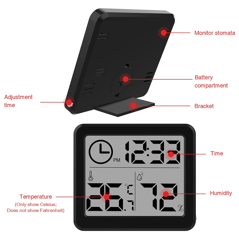 [2 Pack] 3.2 Inch Digital Indoor Hygrometer Thermometer, Room Thermometer Humidity Gauge with Time Clock, High Accuracy Temperature Humidity Monitor with Magnet for Home Office Greenhouse, Black