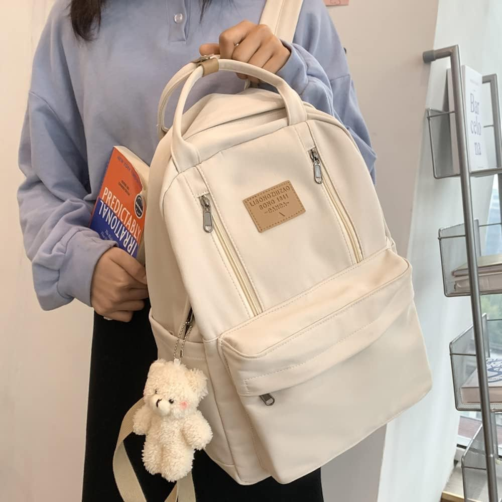 MININAI Preppy Backpack with Plushies Cute Backpack Light Academia College Backpack Solid Aesthetic Rucksack for Travel image number 2