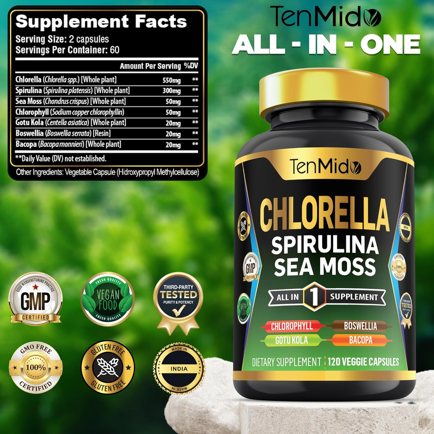 Organic Chlorella Supplement for Men and Women, 7In1 Formula with Spirulina, Sea Moss, Chlorophyll, Gotu Kola, Boswellia & Bacopa - Immune Support - Rich in Nutrient, Vitamins - 120 Capsules image number 2