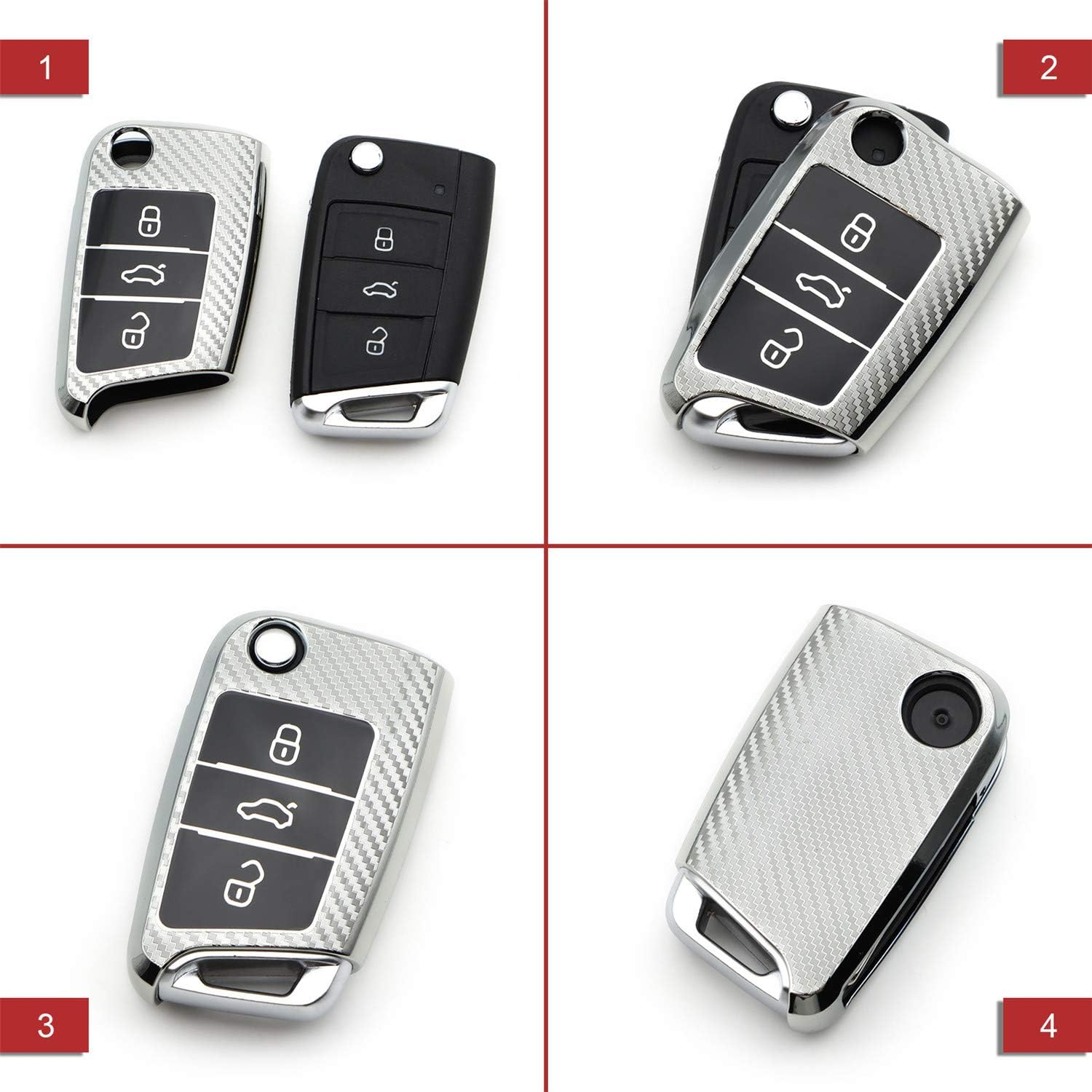 M.Jvisun Soft Carbon Fiber Finish Car Key Fob Cover for Volkswagen Atlas Golf Jetta Polo for Tiguan for Skoda Kodiaq Karoq for Audi A1 for Seat Ateca Leon Flip Key TPU Case with Keychain - Silver image number 5