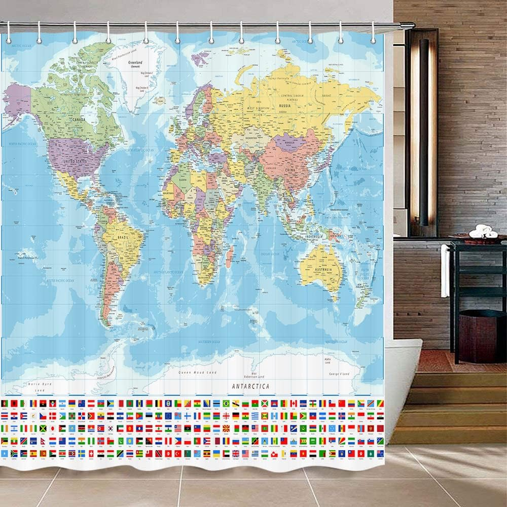 Itapnoom World Map Shower Curtain, Map of the World with National Educational Fabric Shower Curtains Set for Bathroom Boys Girls Kids Map Bath Decor with Hooks 72 X 72 Inch image number 6
