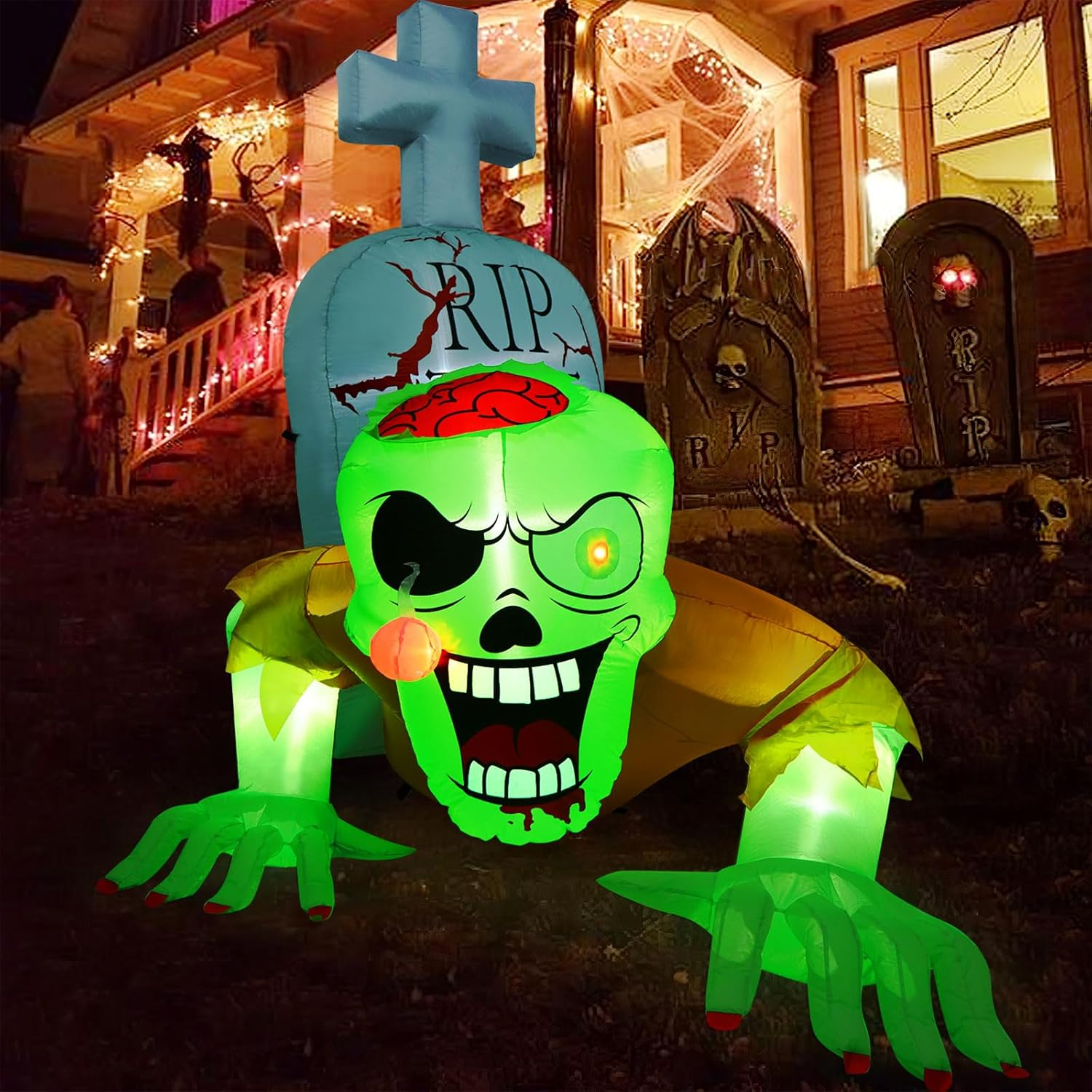 CAMULAND Halloween Inflatables Outdoor Decorations - Crawling Green Ghost with Tombstone, Built-In LED Lights, Inflatable LED Lights Blow up Yard Decoration