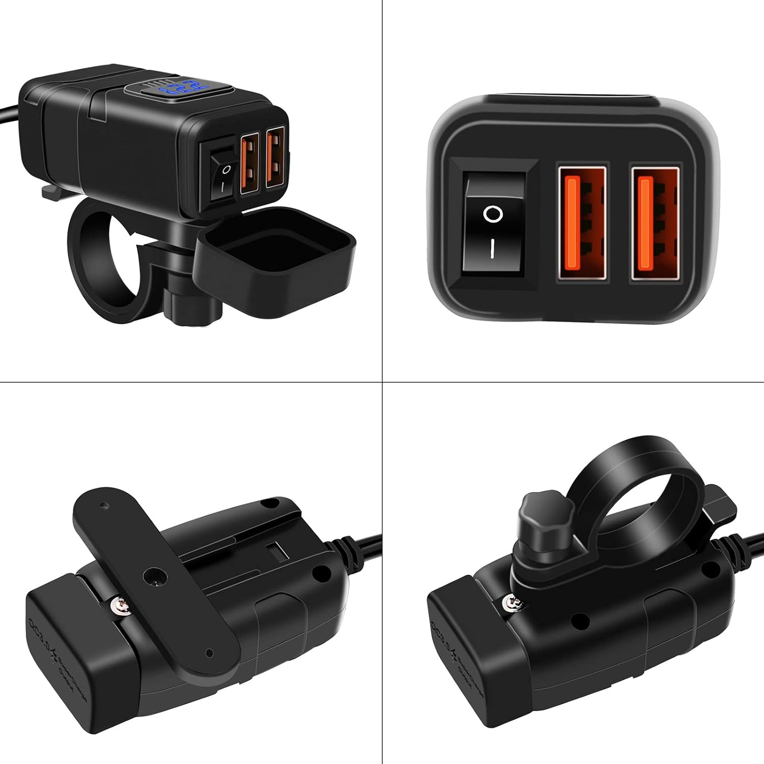 Domary Motorcycle USB Chargerpe-C Charger Super Fast Charger QC3.0 with Voltmeter On/Off Switch for Phone Tablet 7/8Inch Handlebar