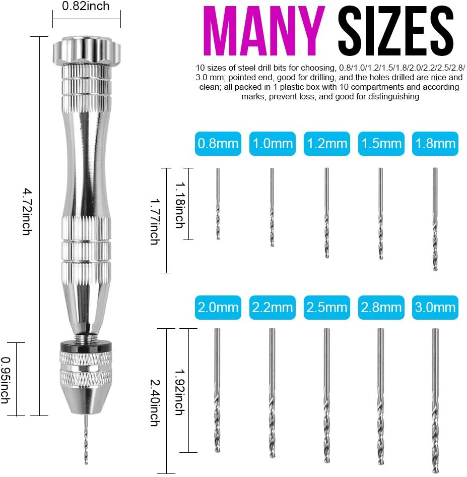 Pin Vise for Resin Casting Molds, LEOBRO 12 Cm Steel Hand Drill with 10 PCS Drill Bits (0.8-3 Mm), Precision Hand Drill Tools for Resin Plastic Wood Polymer Clay, DIY Jewelry Keychain Pendant Making