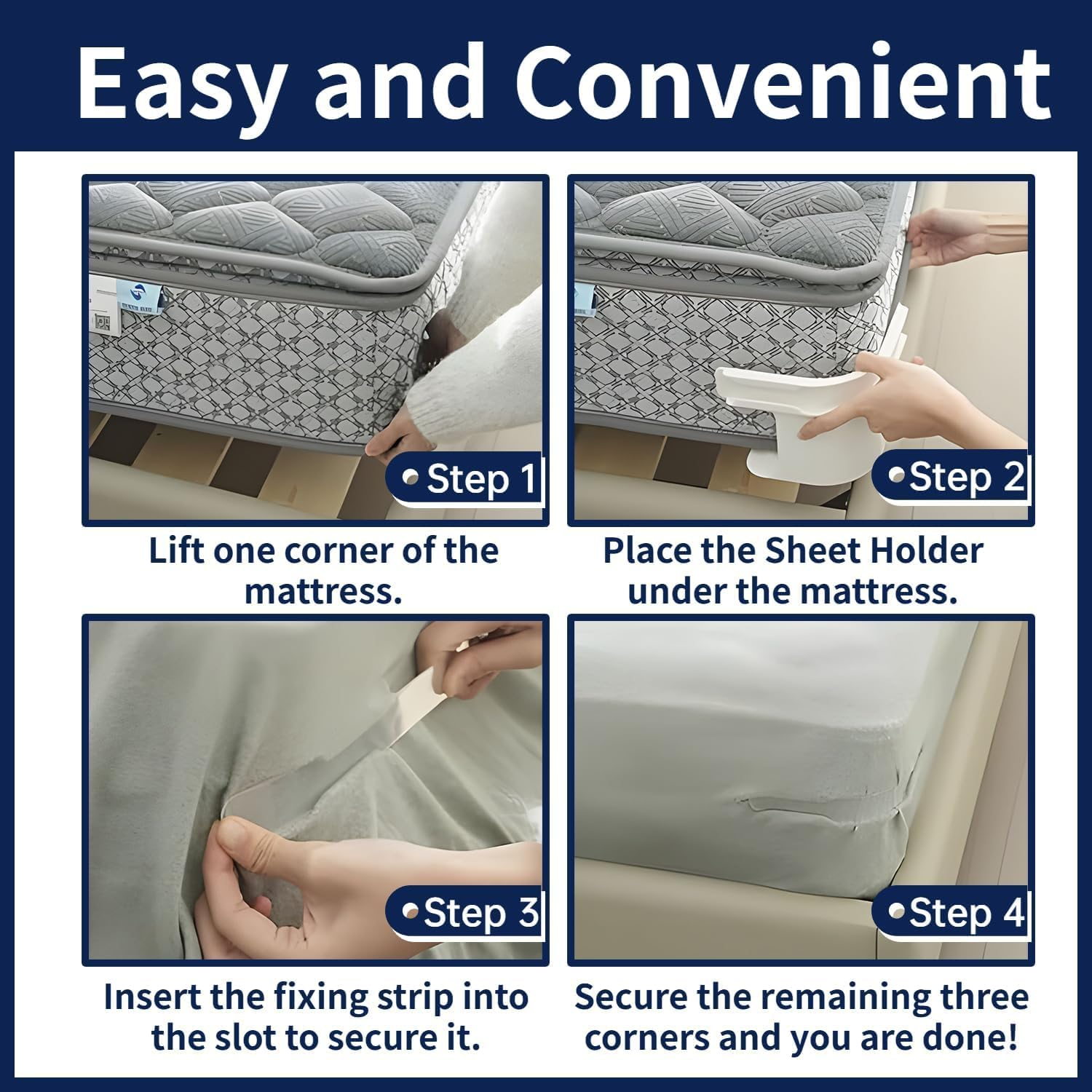 4 Pack Bed Sheet Holder Straps - Heavy Duty Mattress Fasteners with Locking Strips, Secure Fitted Sheets & Protectors (White) image number 3