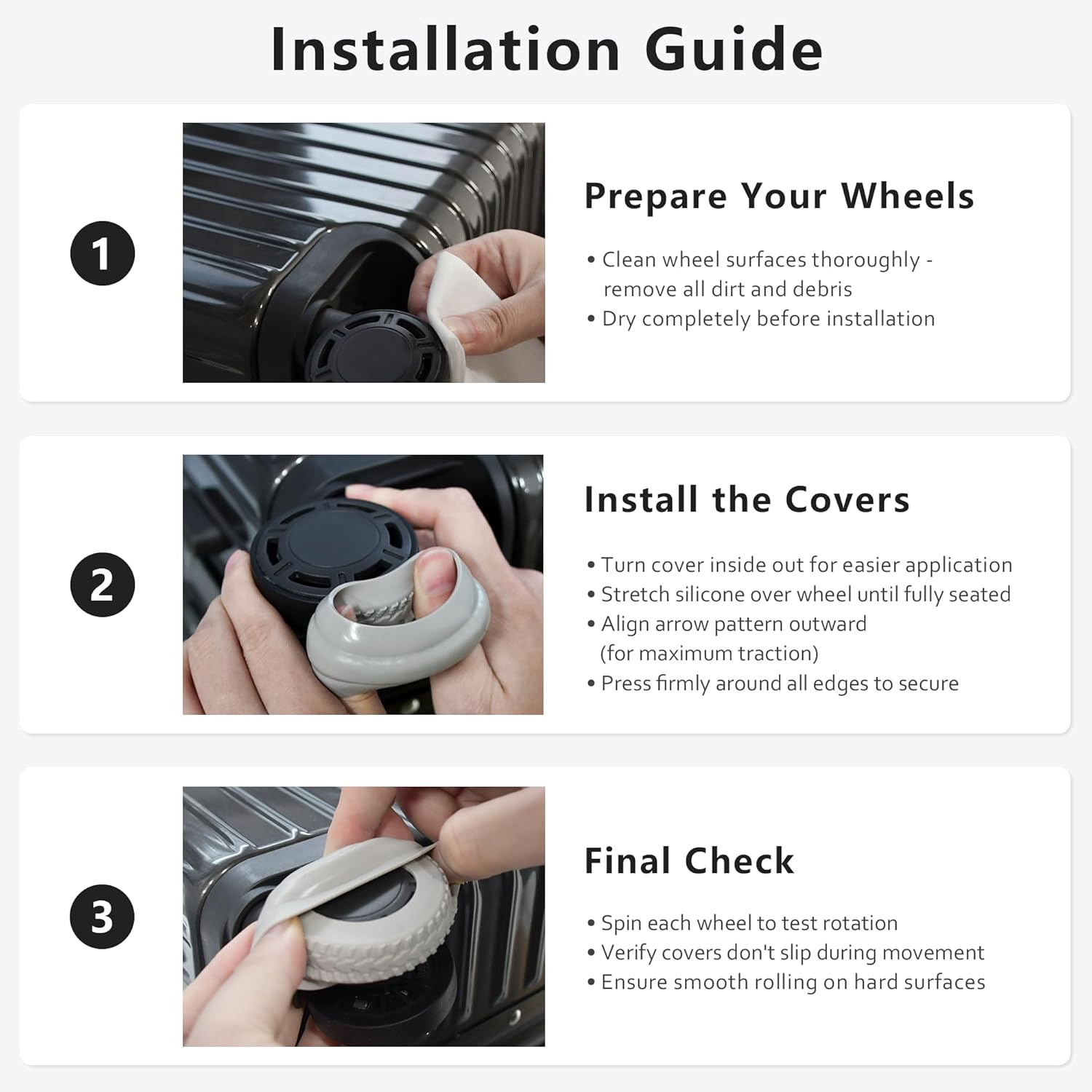 10-Pack Upgrade Silicone Luggage Wheel Protectors Covers for Suitcases &ndash; Universal Fit 2-2.4 Inch Spinner Wheels, Wear-Resistant Noise Reducing Travel, Black, for 2-2.4" Spinner Wheel - Black image number 4