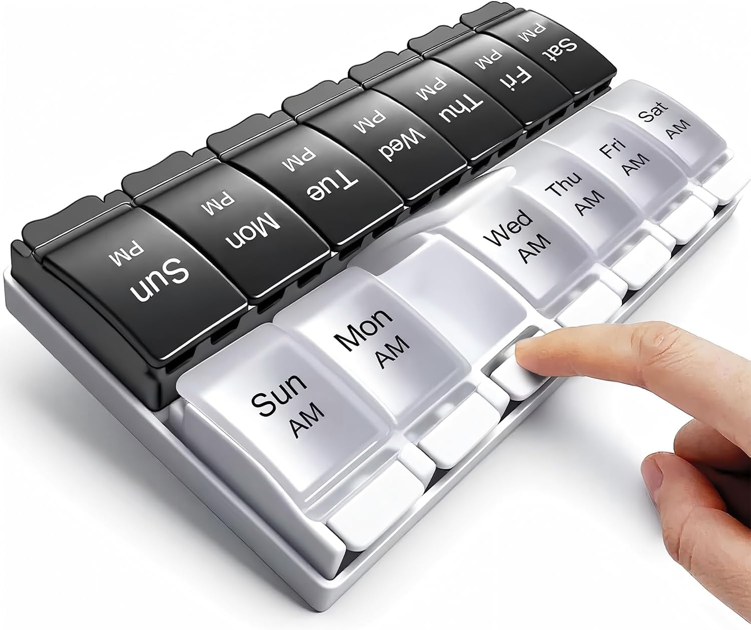 Push Button Pill Organizer 2 Times a Day, AM PM Pill Box 7 Day, 14 Compartments Pill Dispenser, Transparent Large Weekly Pill Container (Black and White)