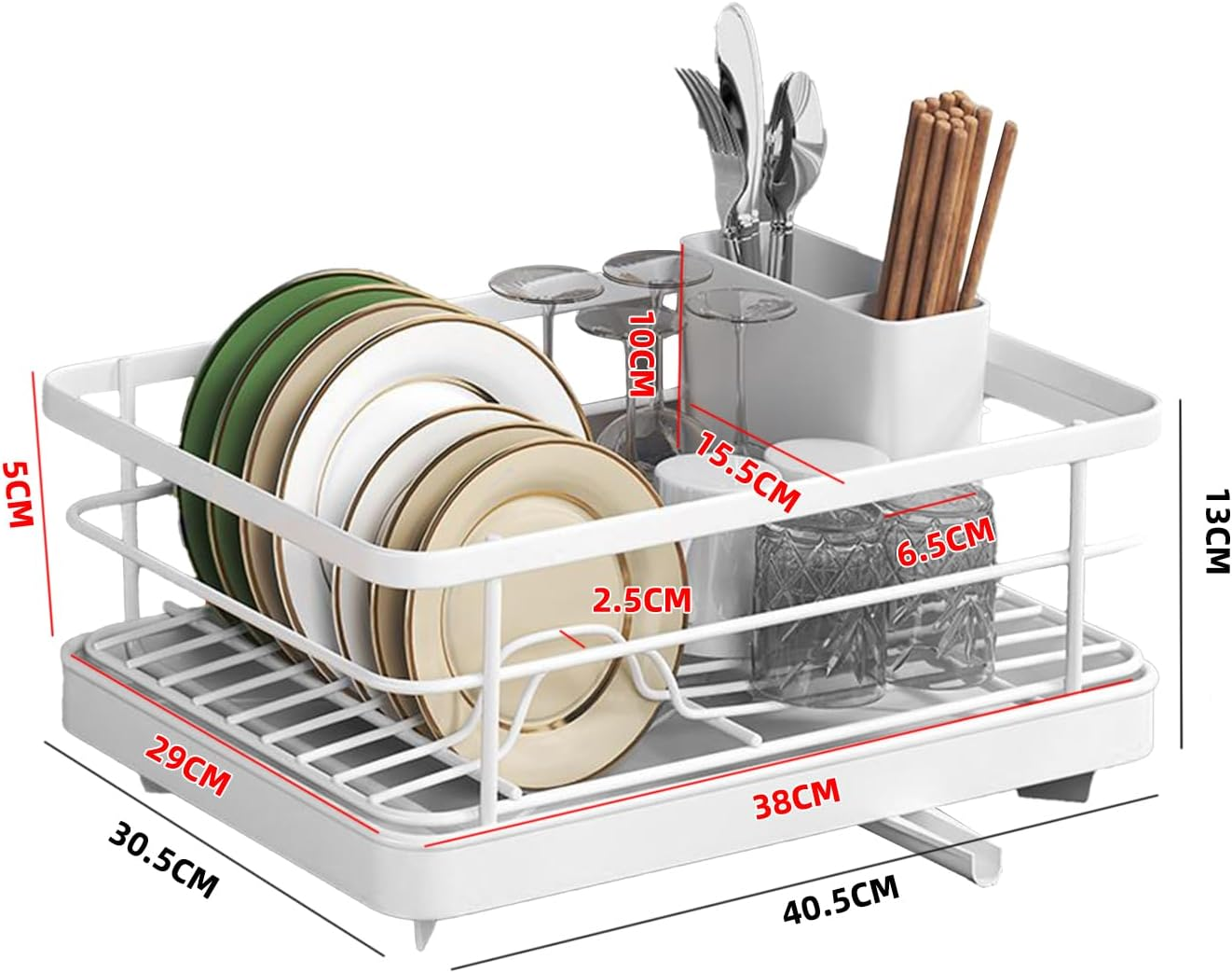 Stainless Steel Dish Drainer with Cutlery Holder & Drip Tray &ndash; Space-Saving Kitchen Counter Organiser, 40.5 X 30.5 X 13.0 Cm, No Assembly Needed, Rust-Resistant & Durable (White, Single Layer) image number 6