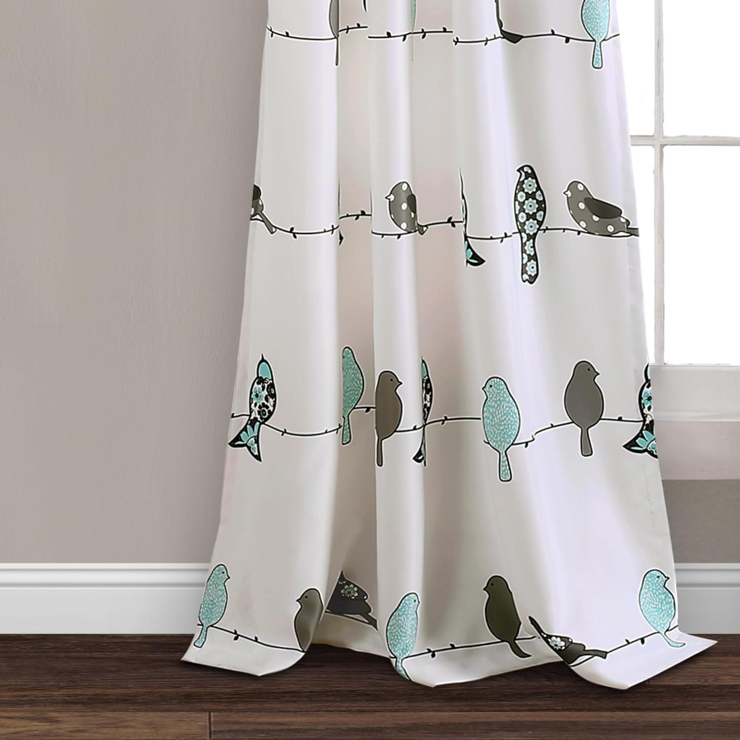 Lush Decor Rowley Birds Light Filtering Window Curtain Panels, Pair, 52" W X 84" L, Blue & Gray - Colorful Floral Print - Whimsical & Playful Bird Curtains for Bedroom, Living Room, or Dining Room image number 1