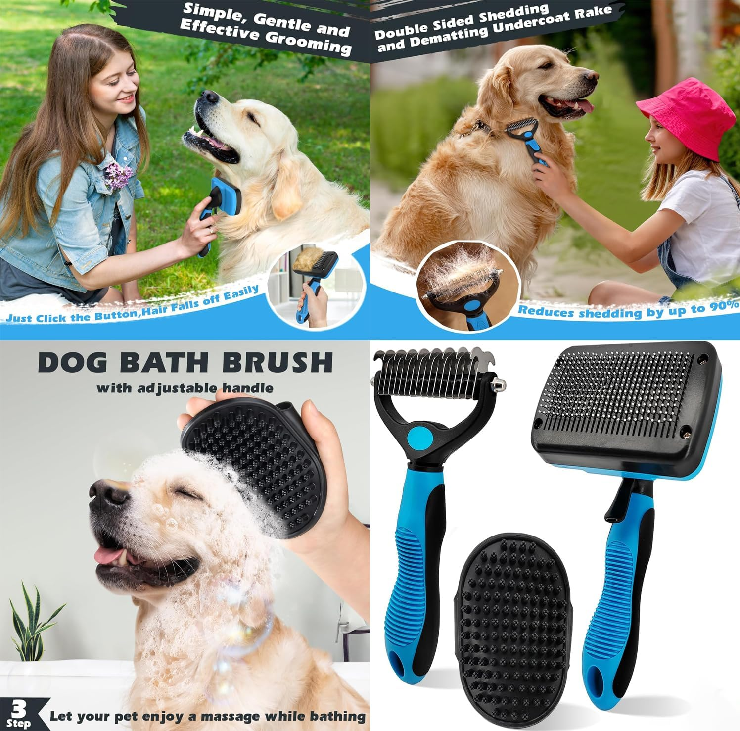 Dog Brush,3Pcs Dog Grooming Kit - Deshedding Brush, Slicker Brush, Bath Brush and Comb for Pet Supplies (Blue) image number 2