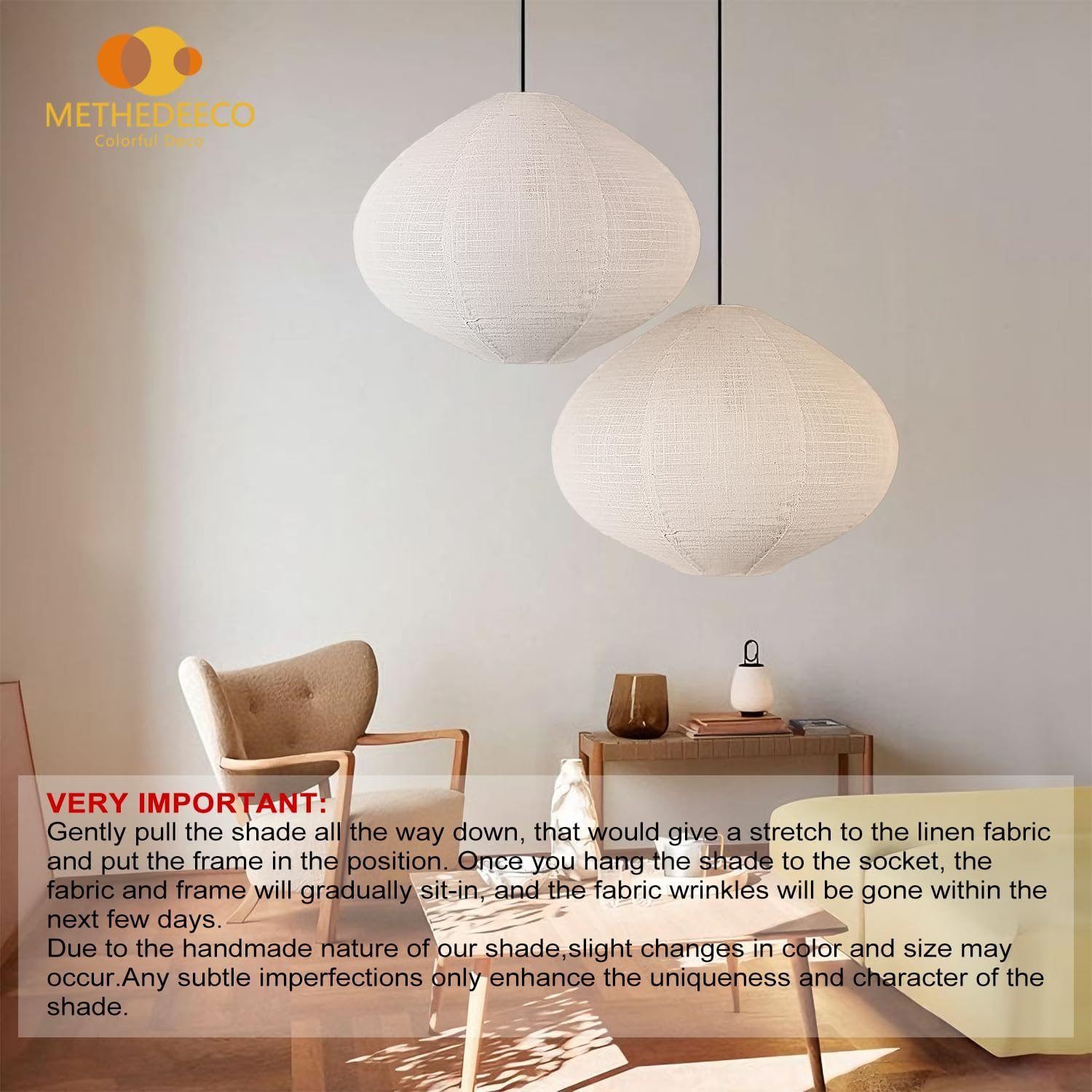 METHEDEECO - 2 Pack 16 Inch Fabric Hanging Shade Handmade Linen Minimalist Boho White Beige Foldable Living Room Home Gift image number 2