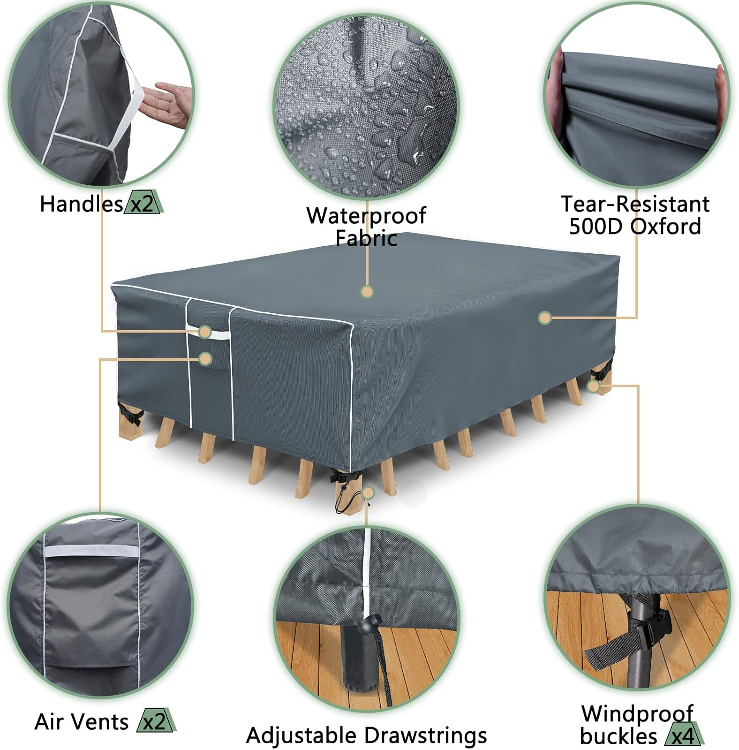 Outdoor Furniture Cover Waterproof, Outdoor Sectional Cover, 500D Heavy Duty, All Weather Protection Rectangular Patio Covers for Outdoor Furniture Set, 126" L X 64" W X 29" H -Grey image number 6