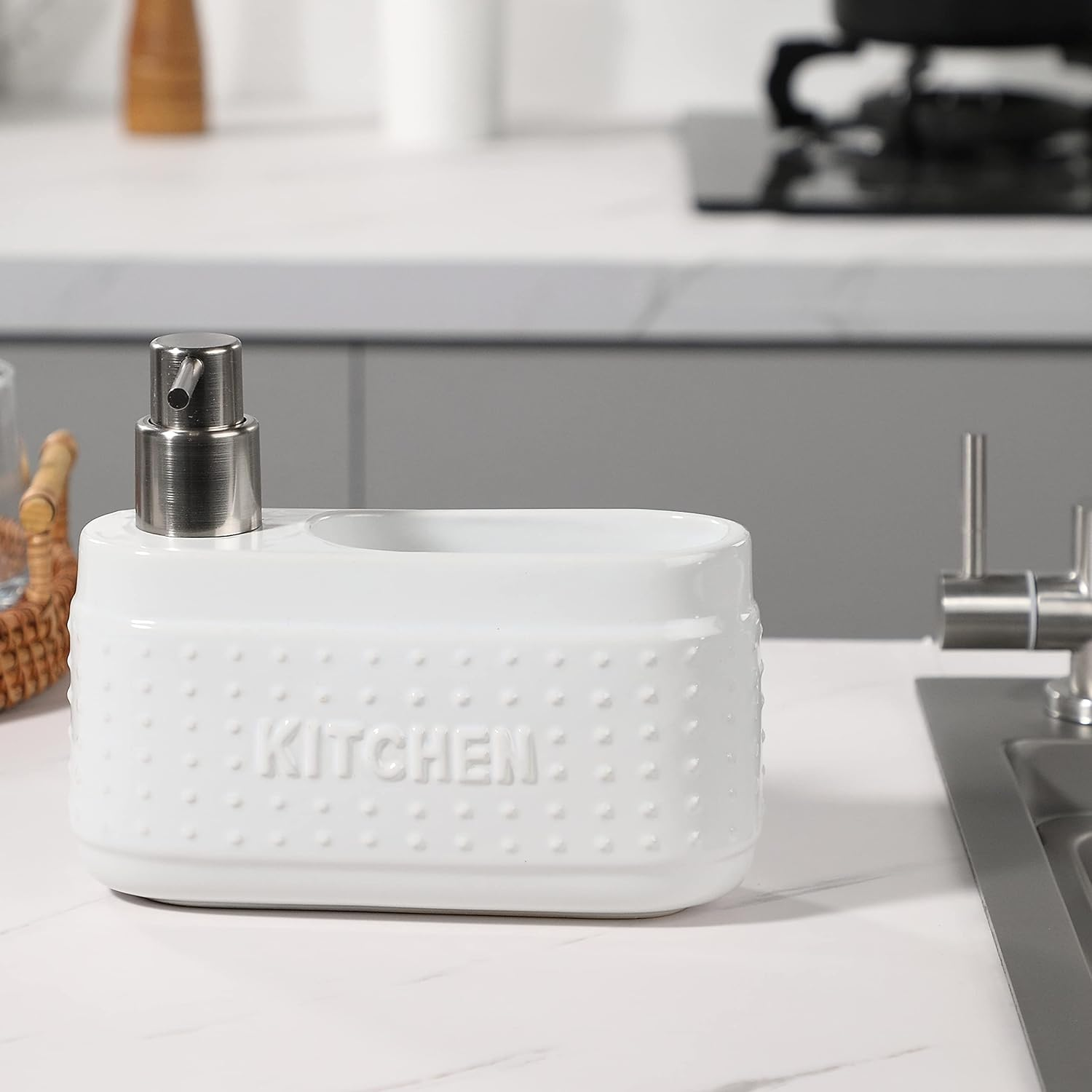 White Dish Detergent Dispenser for Kitchen Sink.Ceramic Dishwashing Liquid Dispenser with Sponge Holder -580Ml Large Capacity - Black image number 6