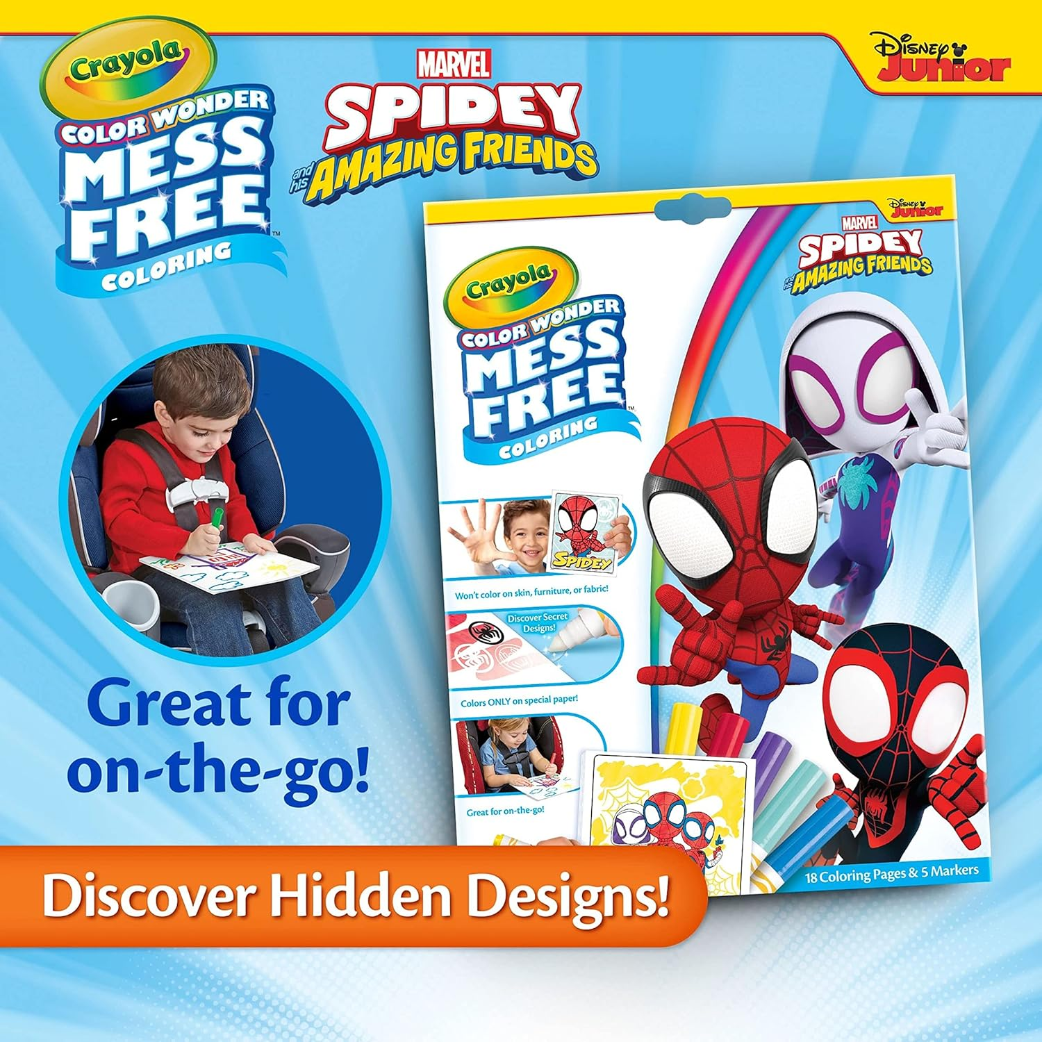 Crayola Color Wonder Marvel Spidey, Mess Free, Magic Reveal Coloring, Includes 18 Pages of Marvel'S Spidey and His Amazing Friends and 5 Special Markers, Won'T Colour on Skin or Fabric image number 3