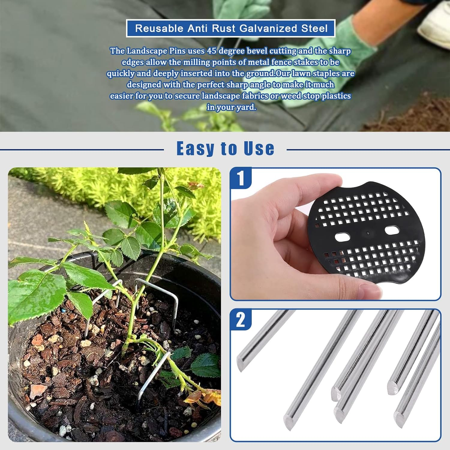 Glarks 201Pcs Garden Stakes Staples Kit, 100Pcs 6 Inch U-Shaped Landscape Staples, 100Pcs Fixing Gasket with 1Pc Pick Hook for Weed Barrier Fabric, Ground Cover, Holding Fence and Artificial Turf image number 6
