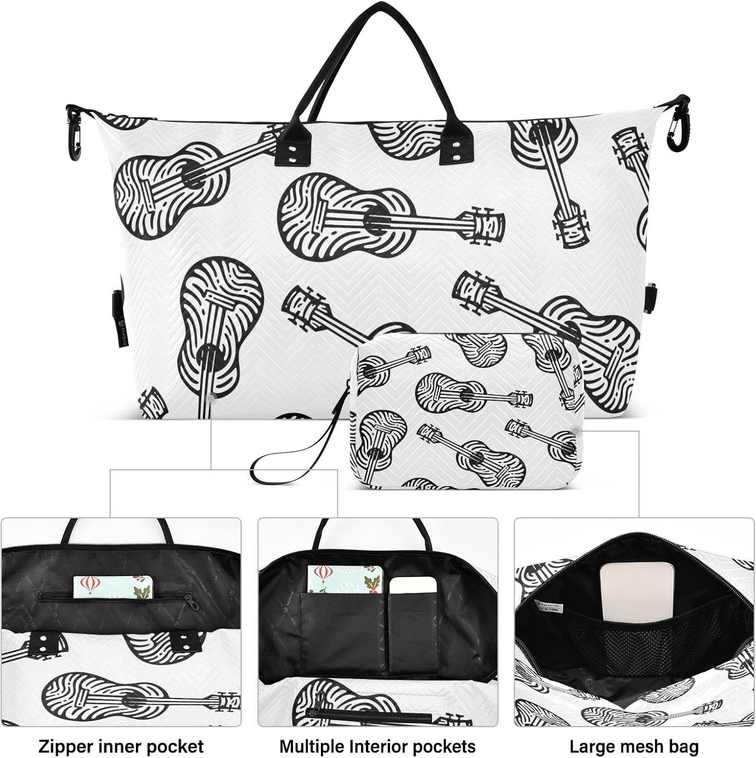 Black and White Guitar Oversized Travel Duffel Bag Travel Weekender Gear Bag Gym Sports Carry with Toiletry Bag for Gym Large Capacity, Black and White Guitar, 1 Size image number 2