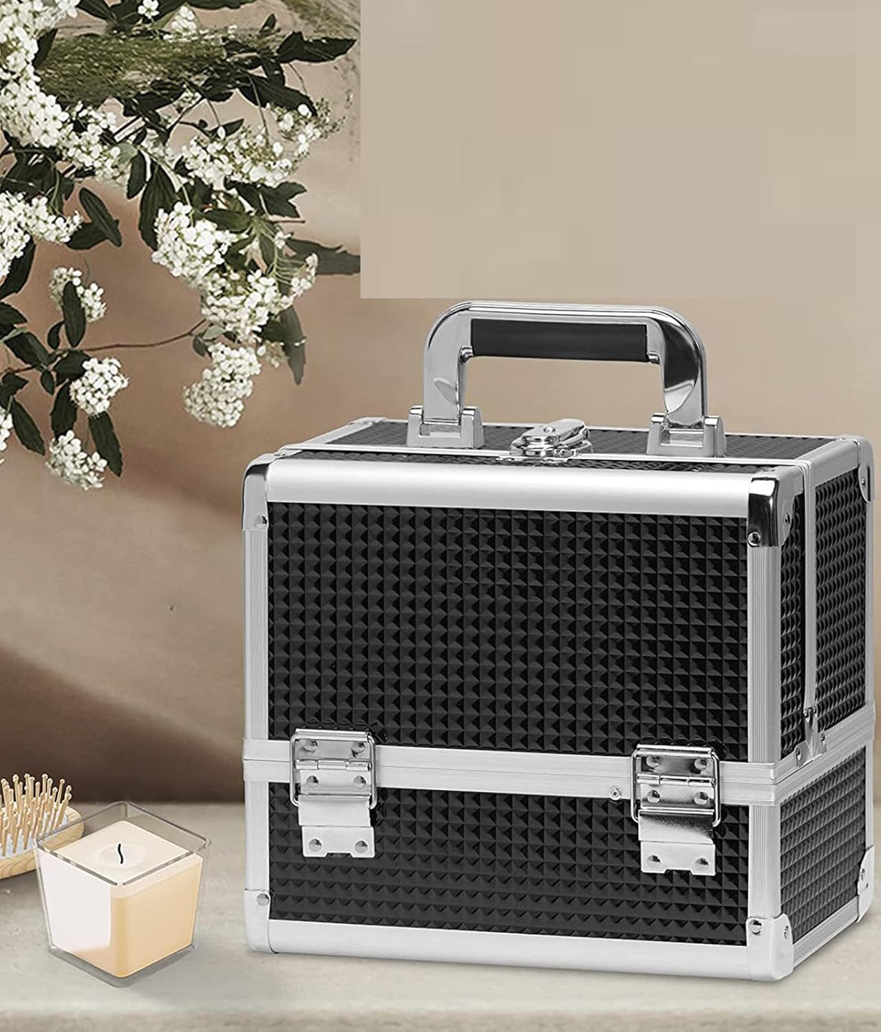 Makeup Box with Drawer, Waterproof Travel Train Case, Cosmetic Organizer and Makeup Suitcase ，Multi Compartments Beauty Box and Shoulder Strap (Black) - Black image number 2