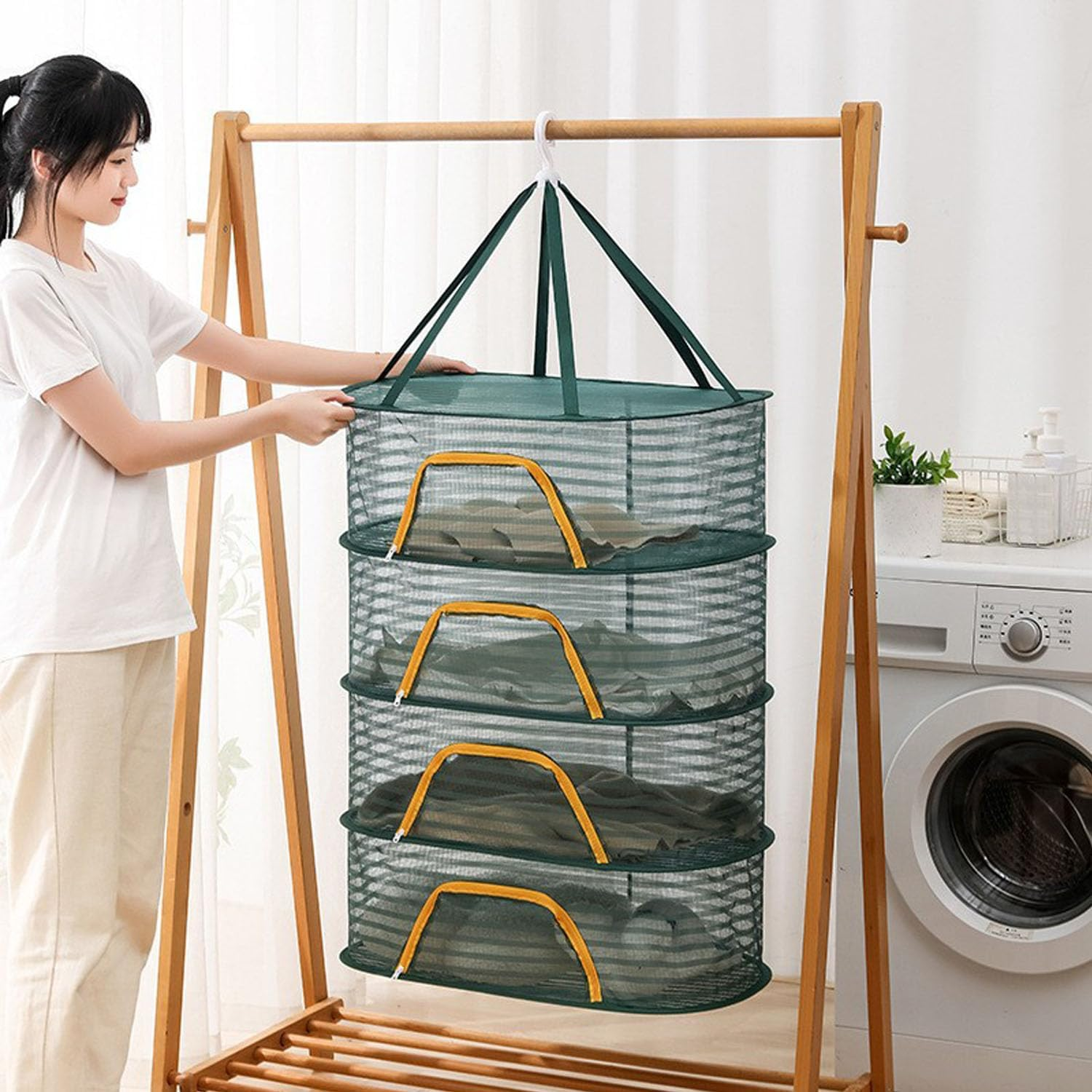 Mtxorvix Herb Drying Rack, 4 Layers Hanging Mesh Net with Zipper, Rack Netmesh Hanging Dryer, Closure Foldable Mesh Drying Rack for Clothes Toys Vegetables Fruits Fish (Dark Green) image number 1